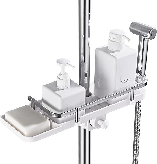TRUSTLIFE Bathroom Shower Shelf Caddy for Shower Rail, Shower Shelf No Drilling Bathroom Caddy Storage Shelves for Soap Shampoo Shower Rack Hanging with Shower Head Hook Suit 17mm-28mm Shower Rail