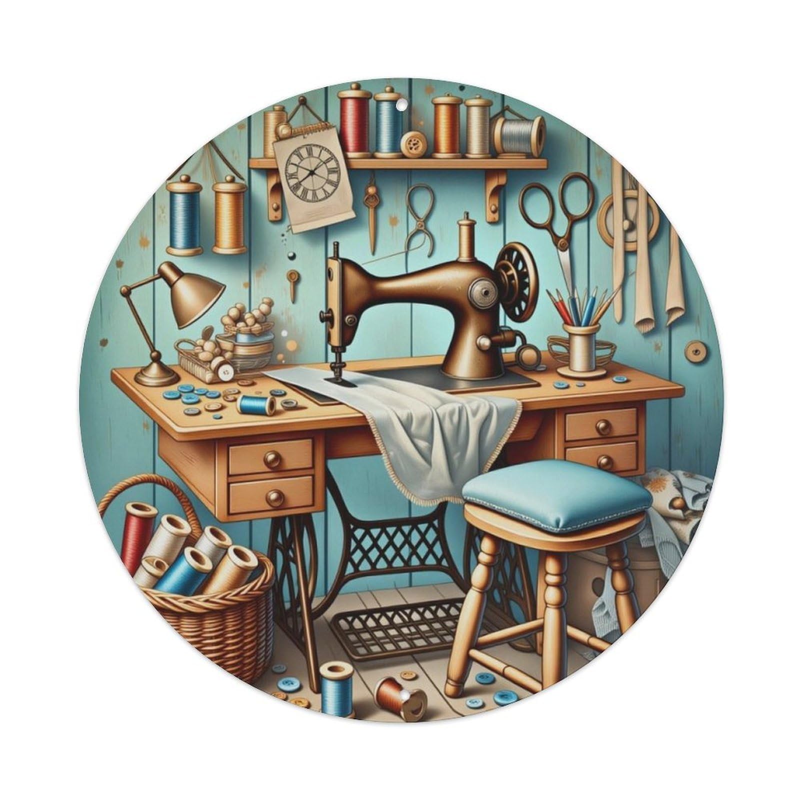 Vintage Sewing Workshop Old Sewing Machine Round Decor Sign Vintage Aluminium Metal Sign, Retro Wall Decor for Home, Bar, Garage & Farmhouse 20x20cm