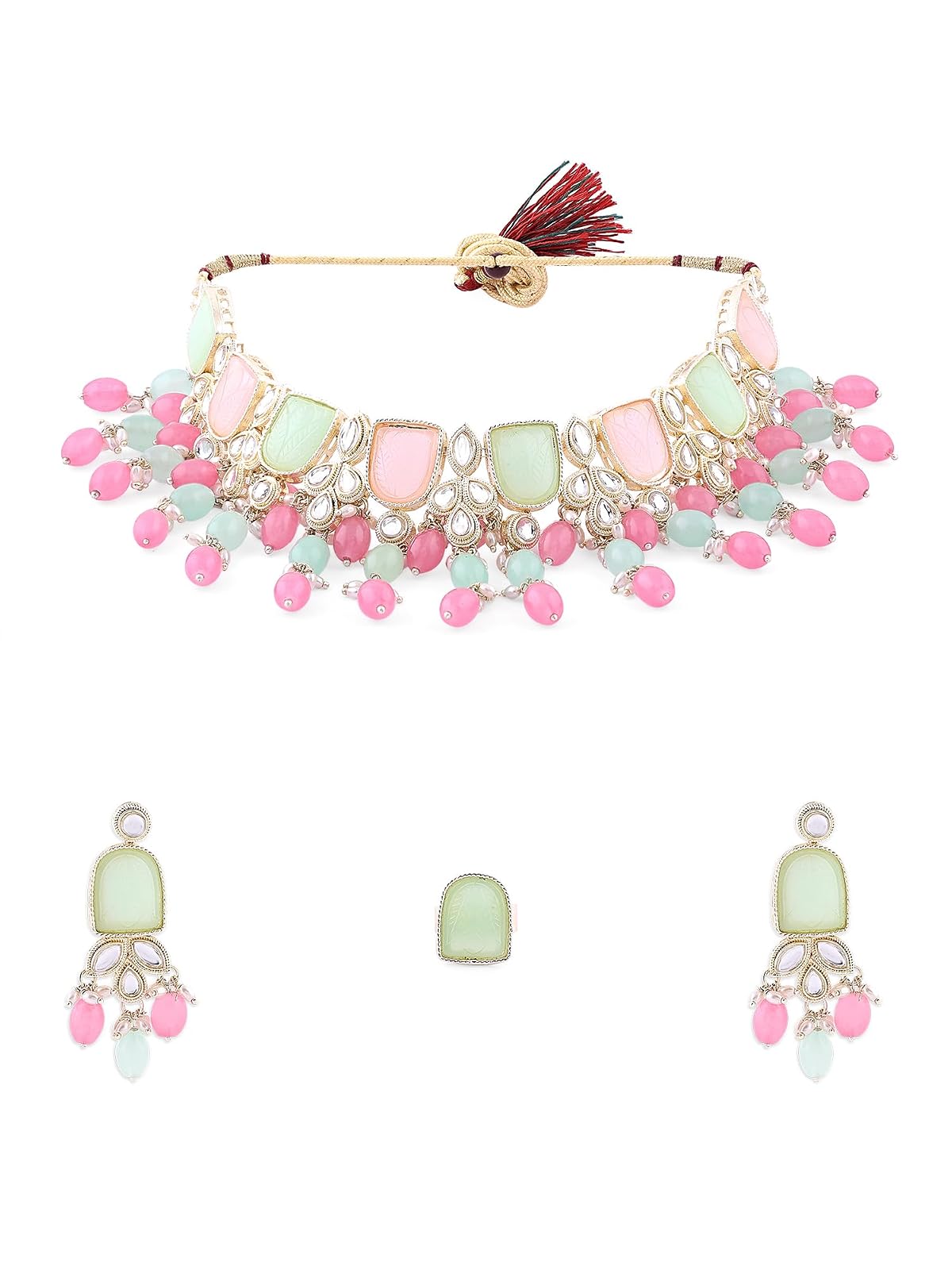 ZAVERI PEARLS Pink Green Stones Beads Kundan Choker Necklace Earring & Ring Set