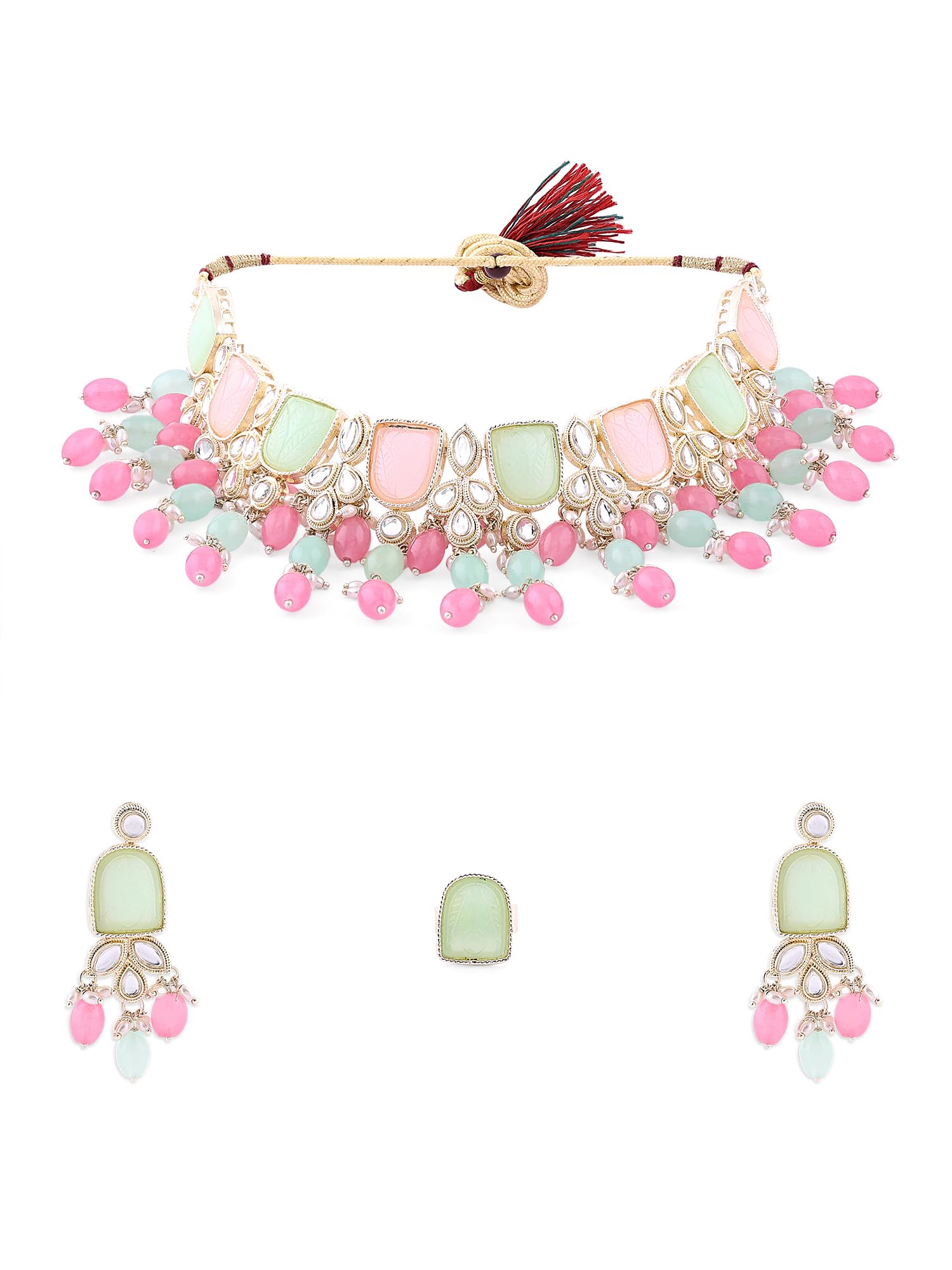 ZAVERI PEARLS Pink Green Stones Beads Kundan Choker Necklace Earring & Ring Set For Women-ZPFK16119