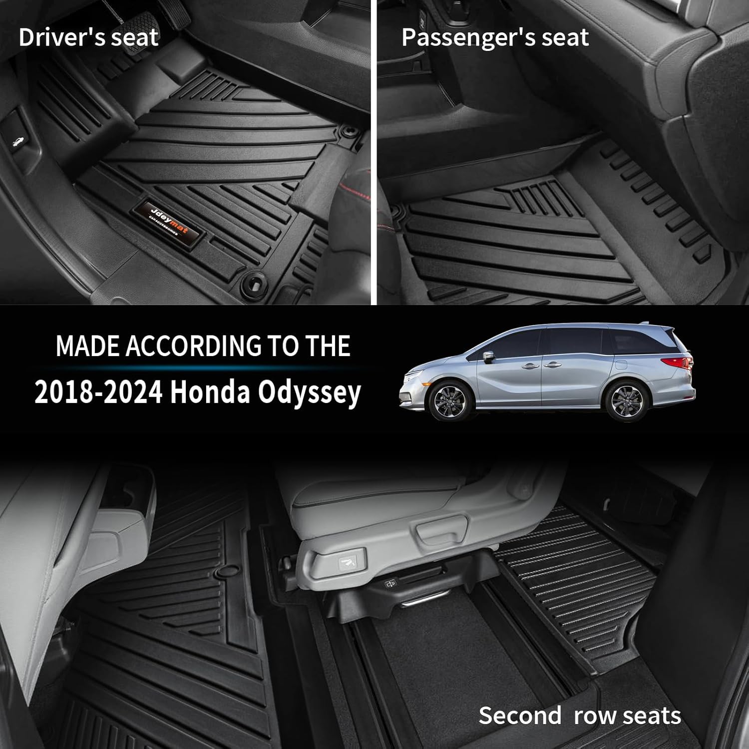 for 2018-2025 2026 Honda Odyssey Mini Passenger Van Floor Mats 3Rows and Cargo Trunk Liner Backrest Mat All Weather TPE Rubber Protection Mat Black (Floor Mats 3 Rows+Cargo Liner+Backrest Mat) - Image 2