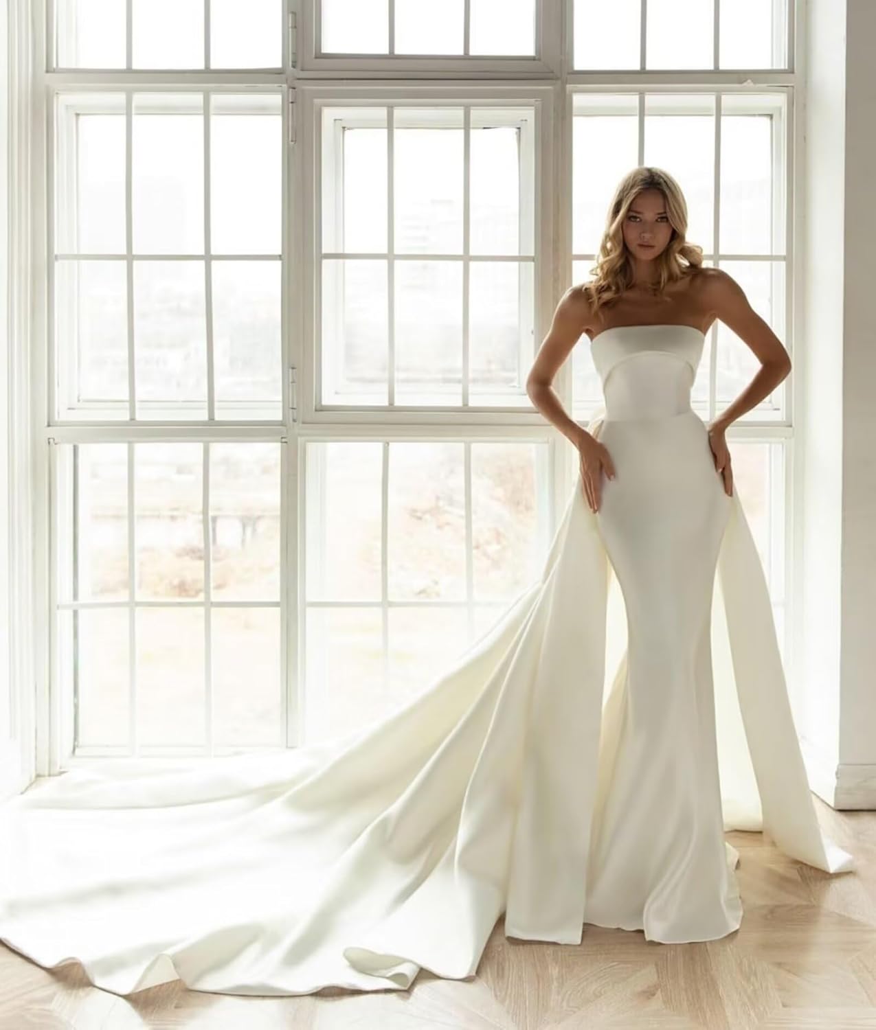 Mouccy Simple Mermaid Wedding Dresses for Bride Satin Strapless Bridal Gowns with Bow Sheath Wedding Gown with Train