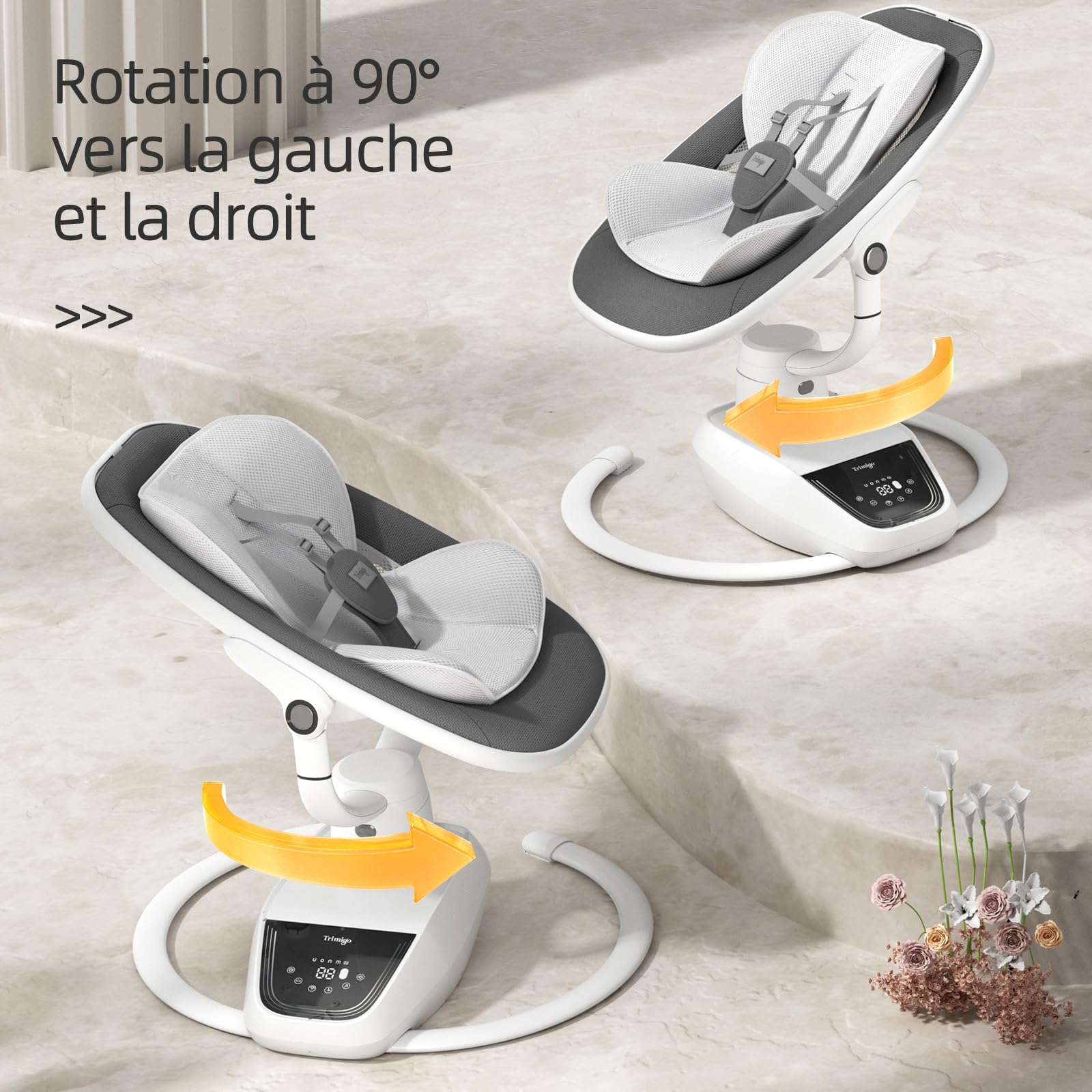silla bebé eléctrica 180° ajustable 3D con mando a distancia, 5 modos, 4 velocidades, 3 alturas de asiento, 8 canciones de calma, columpio bebé 0-12 meses (color gris)