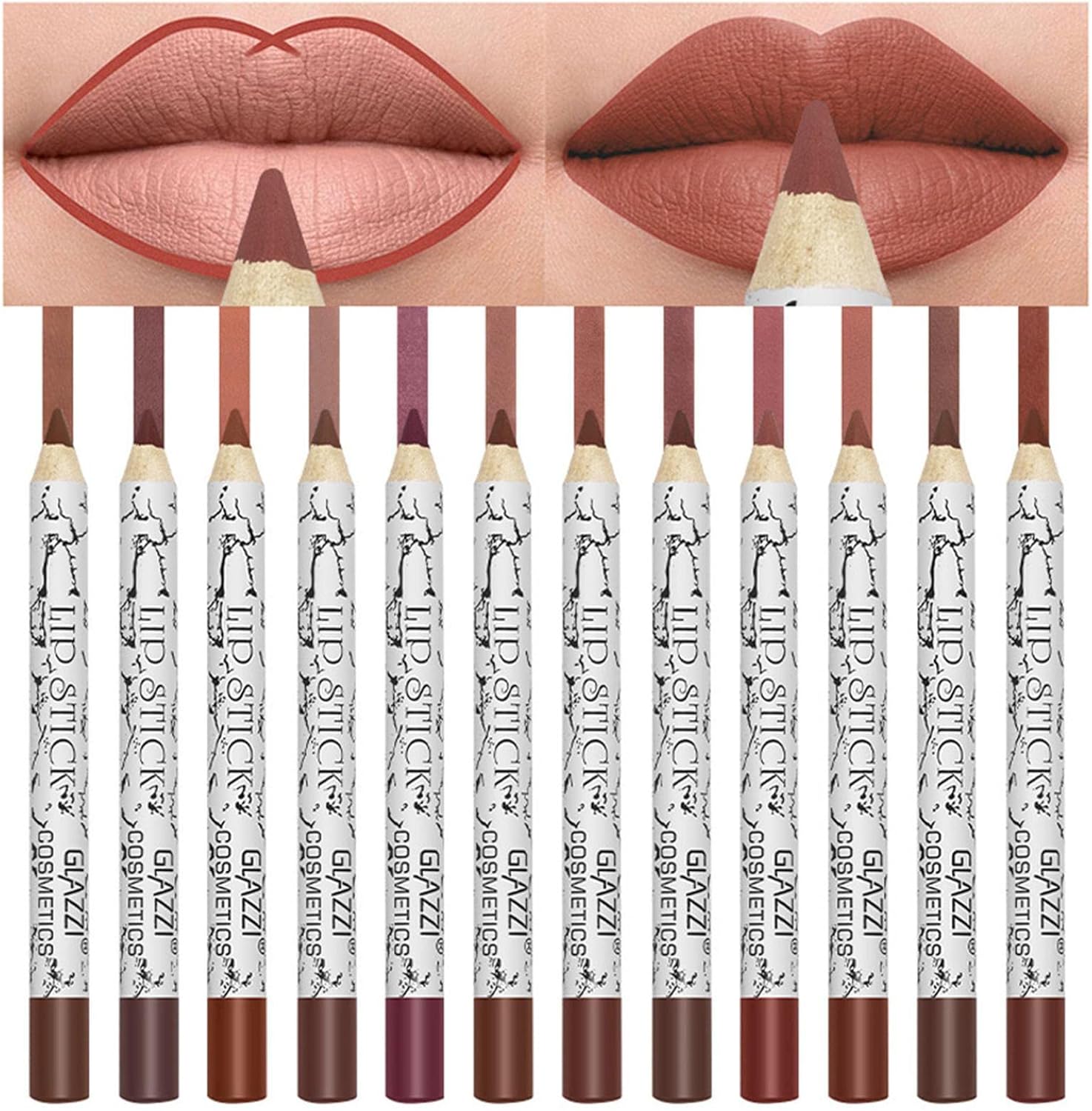 Lipcontourstiften, mat, lipliner, set van 12 kleuren, waterbestendig, lipliner, duurzaam, zacht, mat en zacht, voor lippen, lippenstift, langhoudende lippenstift, mat lipliner, palet