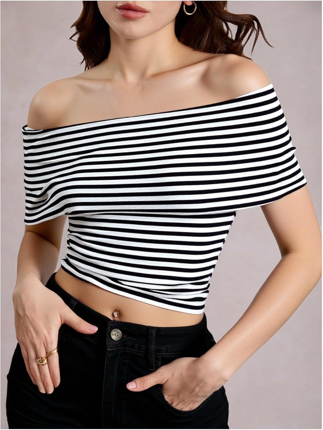 SHENHE Women's Off Shoulder Striped Crop Tops Sleeve Slim Fit Knit Going Out Tees - Image 3