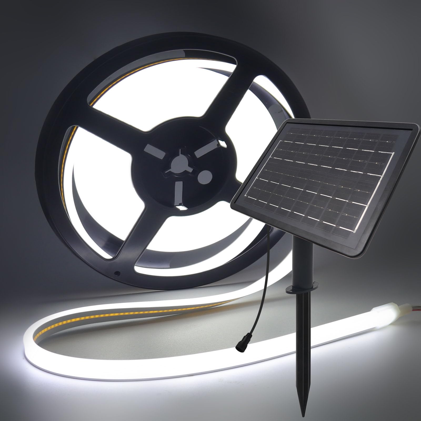 24V Tira LED de neón COB[10M,Blanco 6000-6500K],flexible e impermeable IP67,8 modos,alimentación por USB/energía solar,320LEDs/m,1200mAh Tiras LED,iluminación decorativa para el hogar