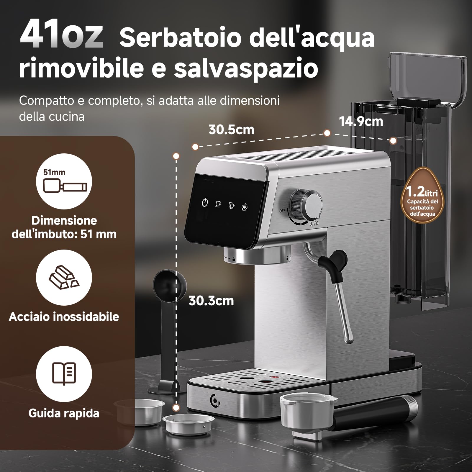 AMZCHEF Macchina da caffè con portafiltro, 20 bar con display LED, macchina da espresso 2-in-1 da casa con serbatoio removibile da 1,2L, per regali, macchina per caffè in acciaio inossidabile compatta
