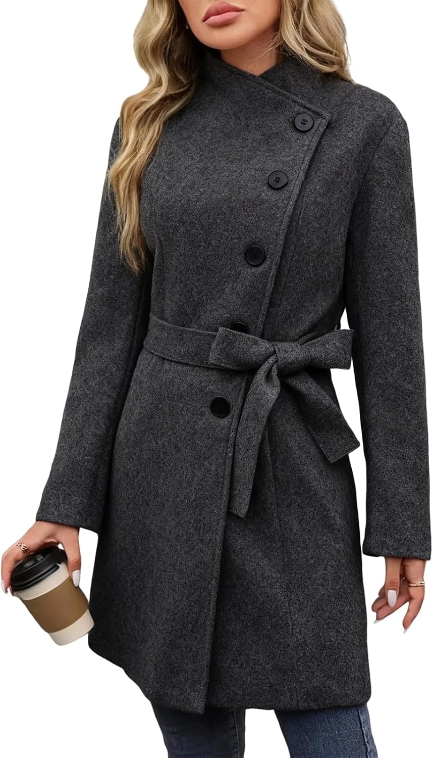 utcoco Womens Winter Wool Coats Single Breasted Belted Trench Peacoat with Pocket