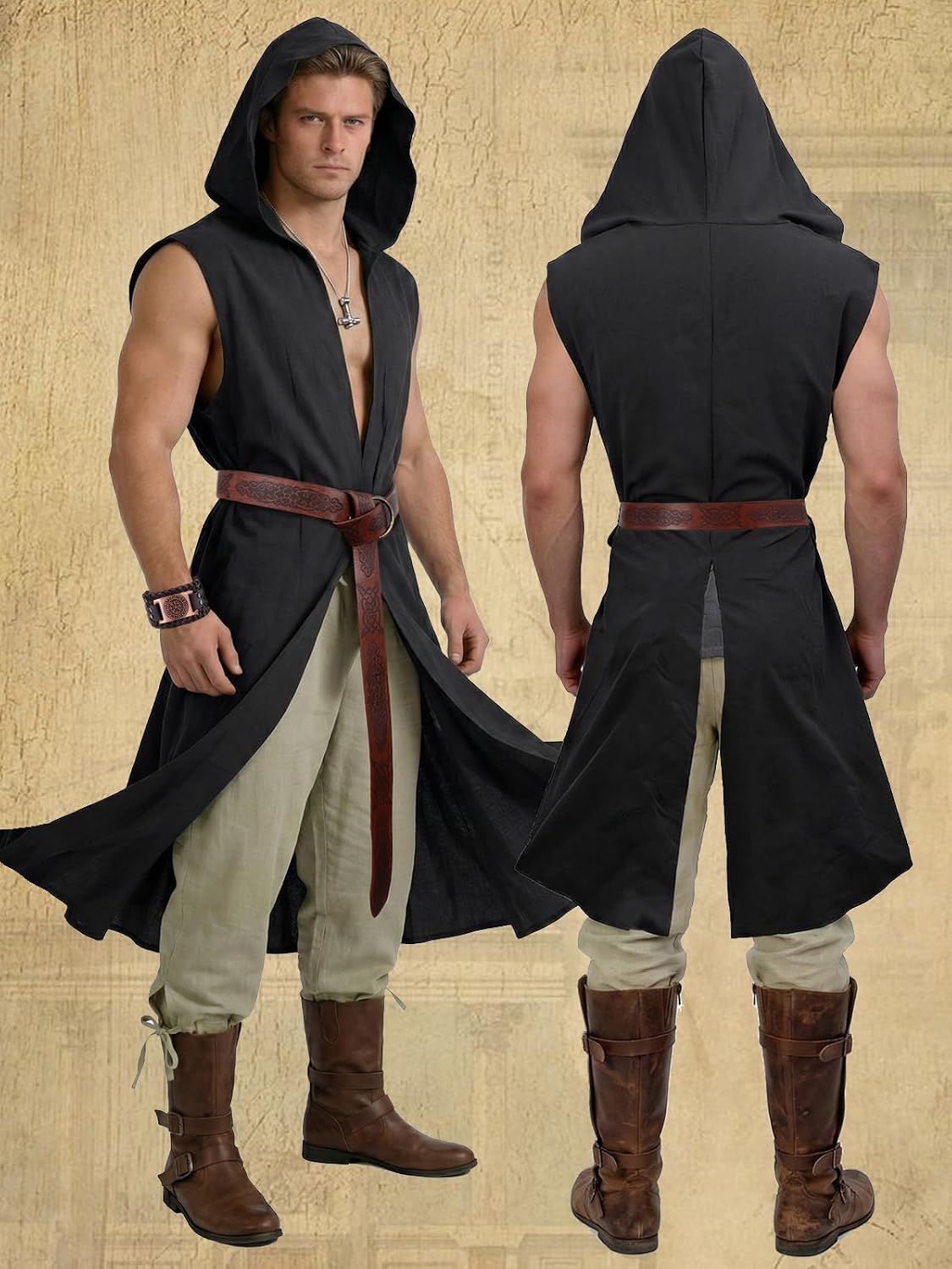 Men’s Medieval Hooded Surcoat Set - 4PCS Renaissance Sleeveless Tunic Cloak with Viking Belt for Halloween & Cosplay