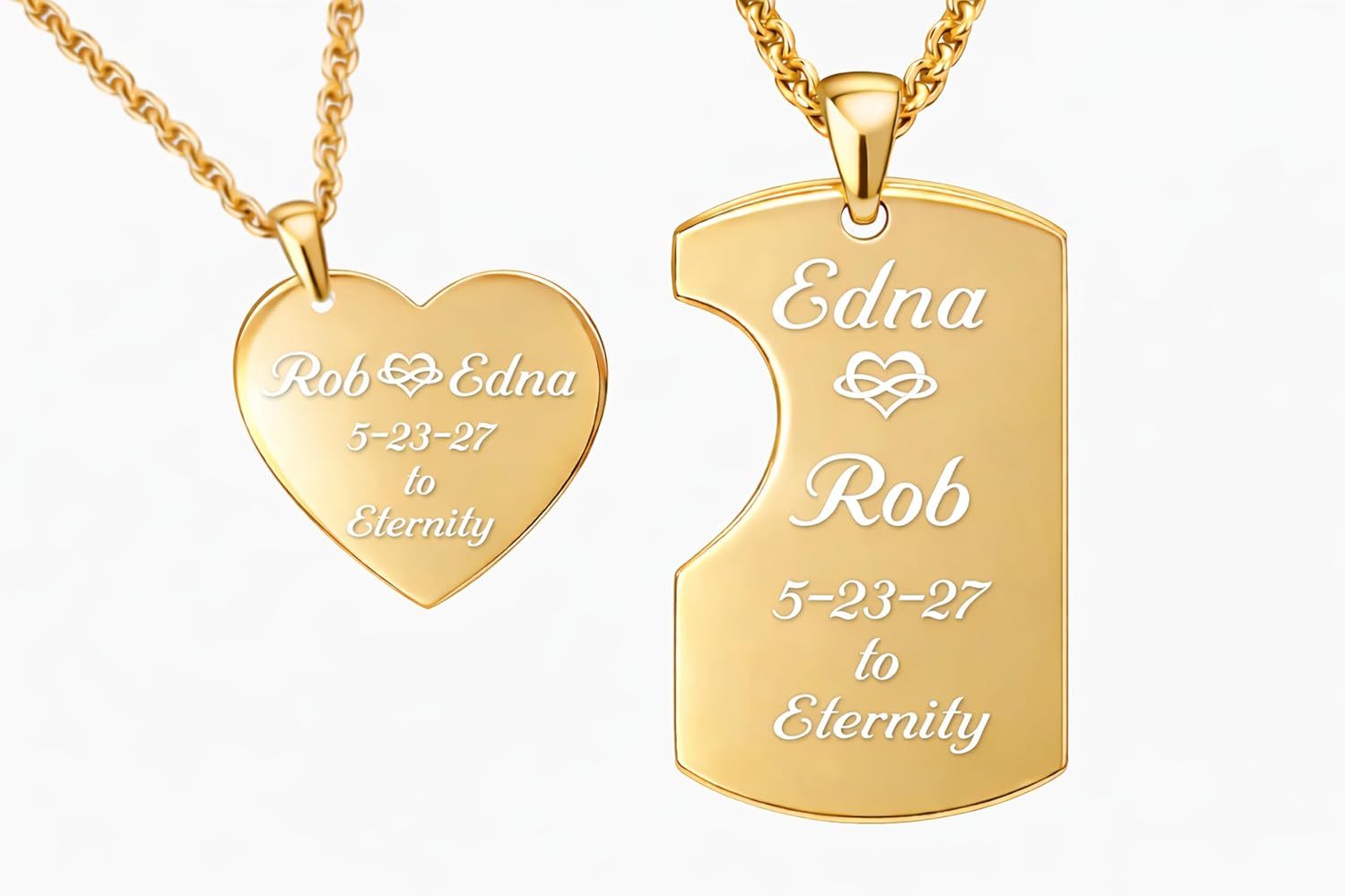 A & L Engraving Personalized His & Hers Gold Mini Dog Tag & Heart Necklace Set - Ships from USA