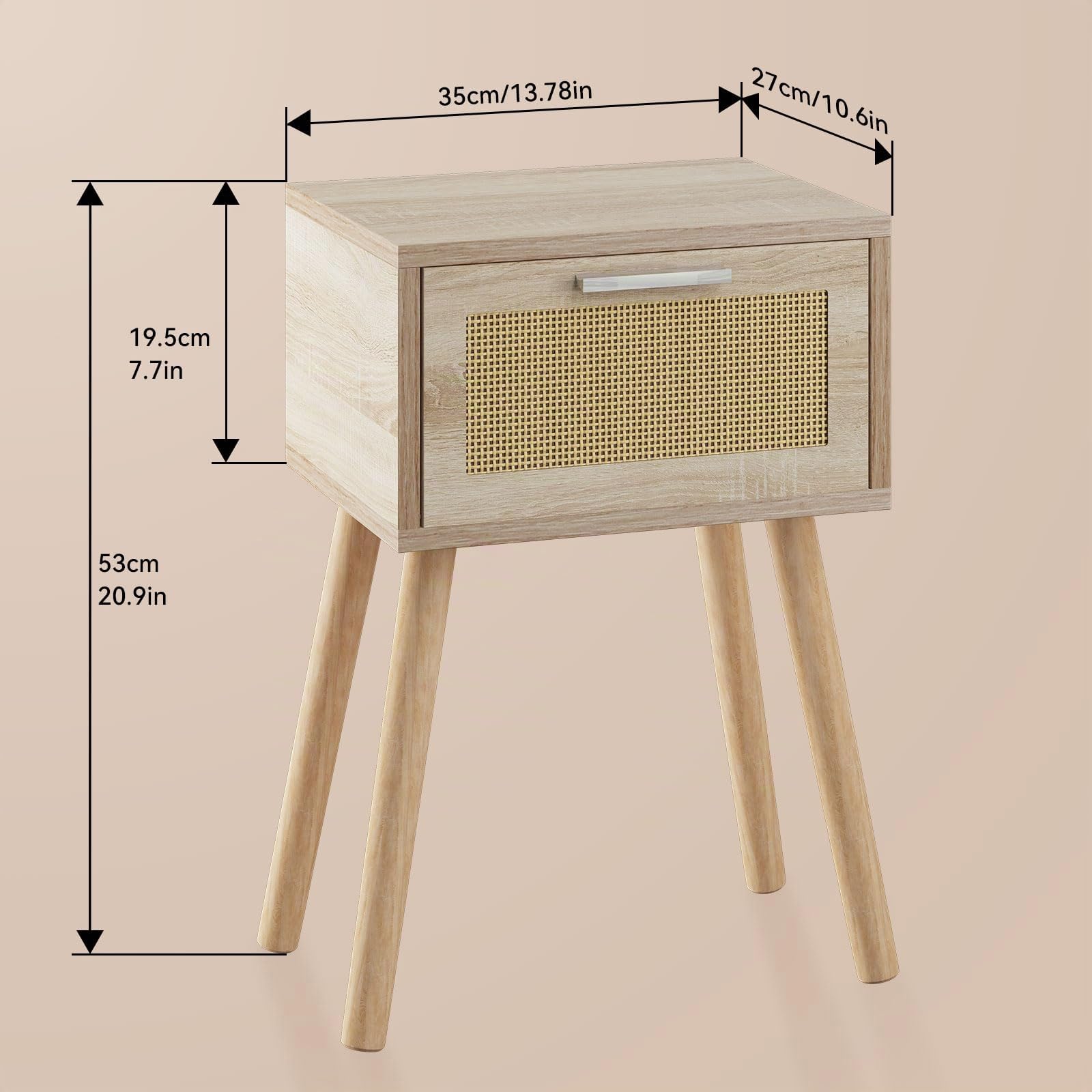 YMYNY Set di 2 Comodini, Tavolino con Cassetto decorato in rattan fatto a mano, Maniglia magnetica, Gambe di legno massiccio, 35×27×53cm, Comodino per Camera da Letto, Soggiorno, Naturale HST010N-2