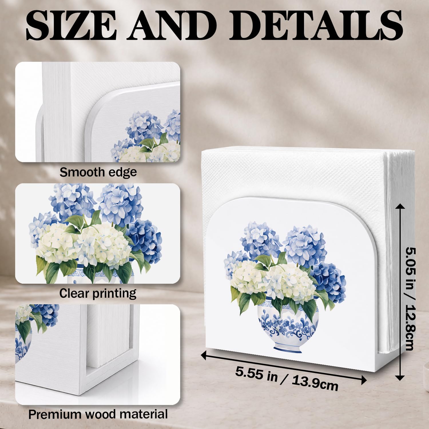 Chinoiserie Hydrangea Floral Napkin Holder for Table, Blue and White Porcelain Flower Wooden Standing Napkin Dispenser Holder for Kitchen Dining Room Party Cocktail Bar Decor