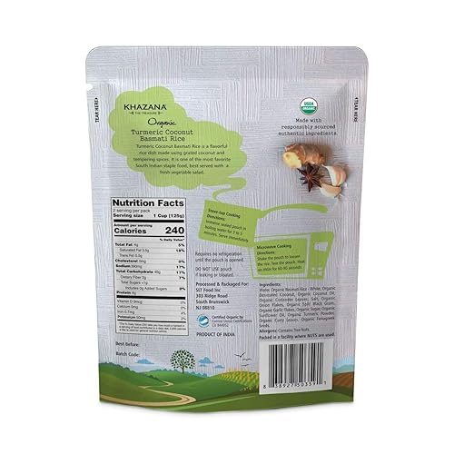 Miniatura 3 de Khazana Arroz basmati orgánico listo para calentar (paquete de 6) cúrcuma y coco, bolsas de 8.8 onzas, sin OMG, vegano, sin gluten y kosher, arroz