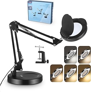 15 lupas LED com luz e suporte, 2 em 1, lupa LED com suporte e braçadeira, candeeiro de lupa de mesa com 5 modos de cor, para reparação, artesanato, pintura e trabalho (preto)