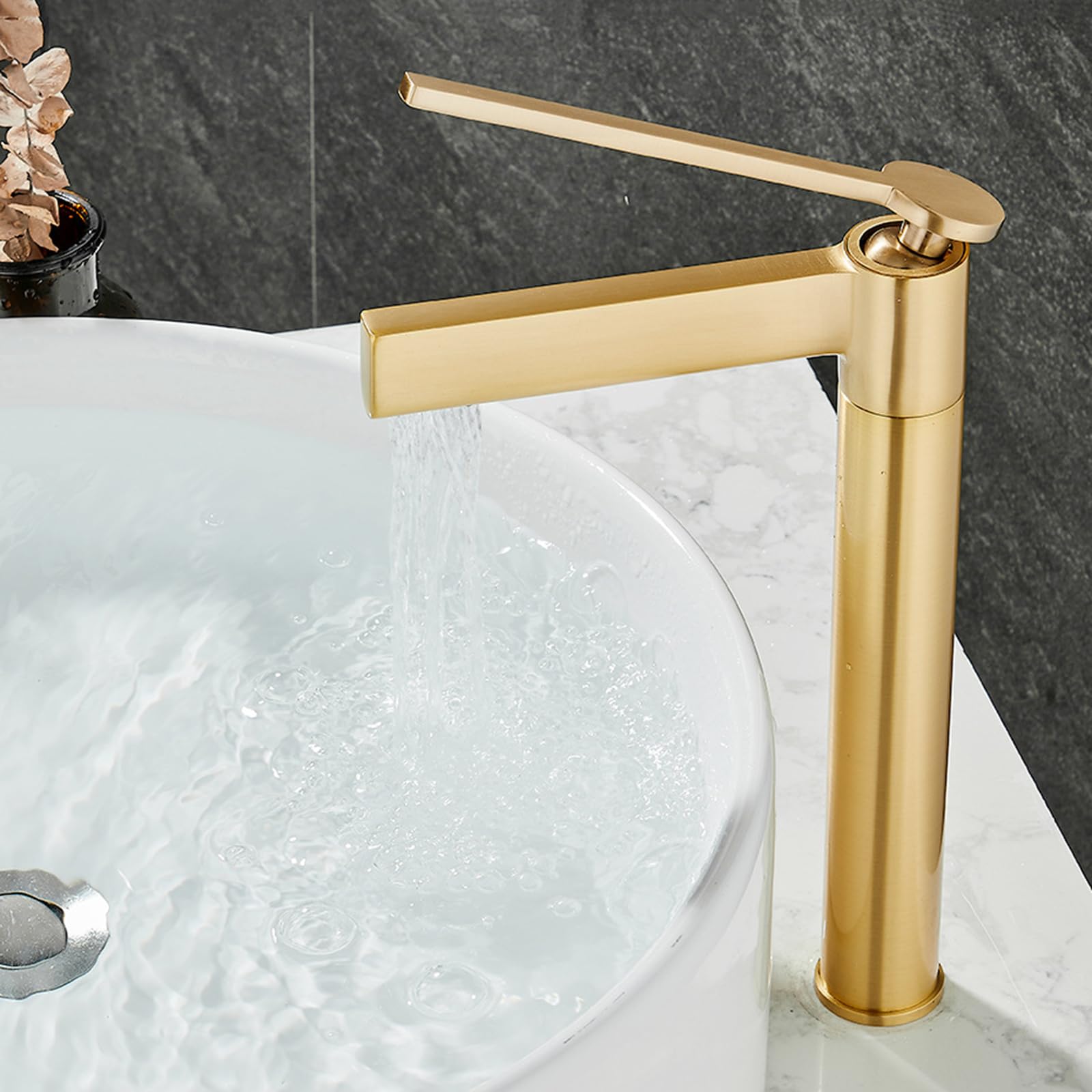 FQWNCIEG High Rise Waterfall Tap for Countertop Basin Single Hole Bathroom Sink Taps Hot and Cold Tall Basin Tap,Brushed Gold
