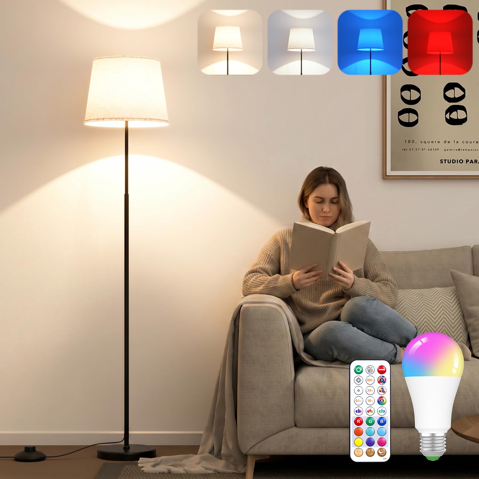 Led Floor Lamp for Living Room - 65" Dimmable Modern Standing Lamp, Remote Standard Lamps with Linen Shade, 1200 LM RGB Bulb, Tall Lamp for Bedroom, Office, Reading,Mood Lighting,(Bulb Included)Black