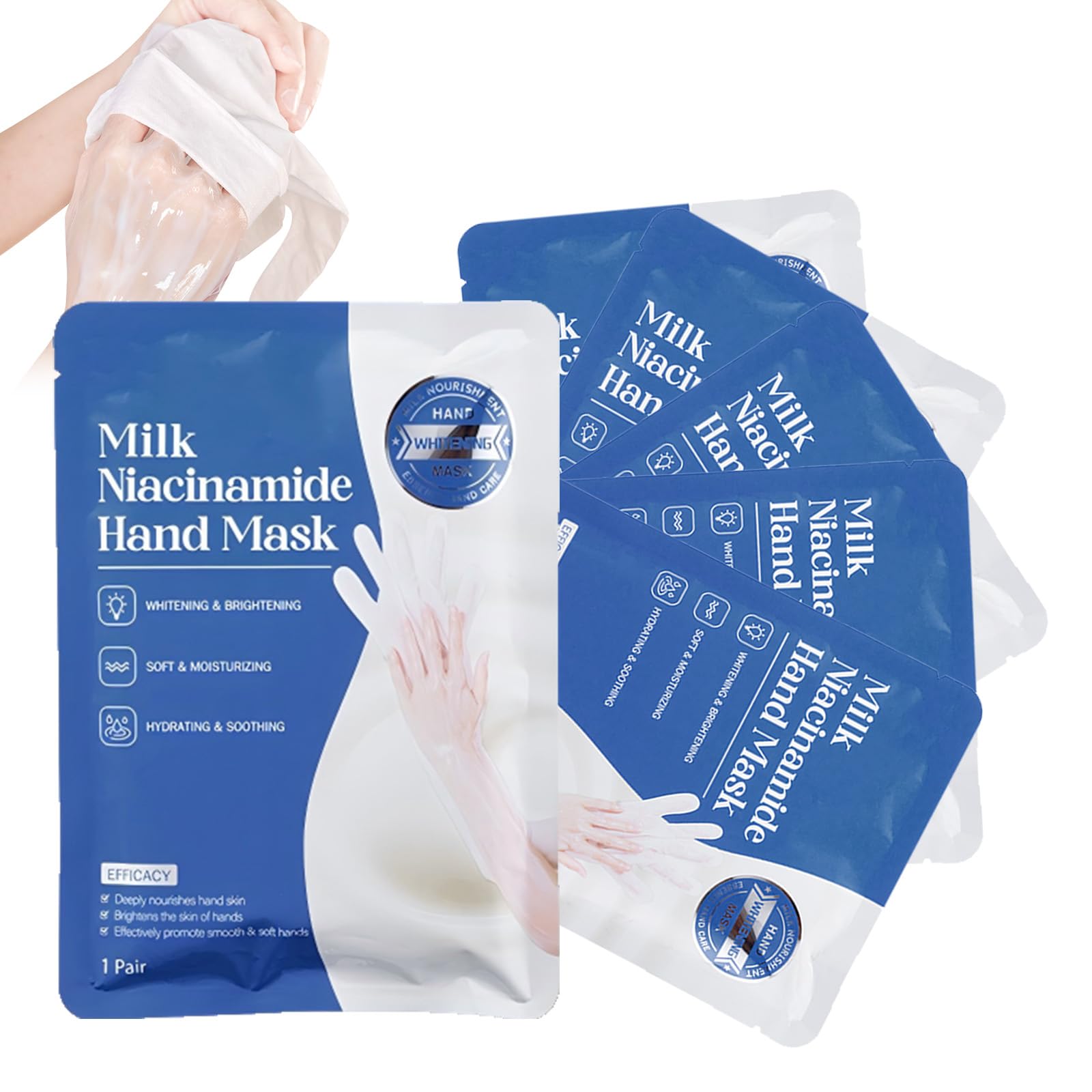Milk Niacinamide Maschera idratante per le mani, 6 maschere per le mani con latte e niacinamidi, maschera per la cura intensiva delle mani contro le mani secche, per pelli delicate e luminose