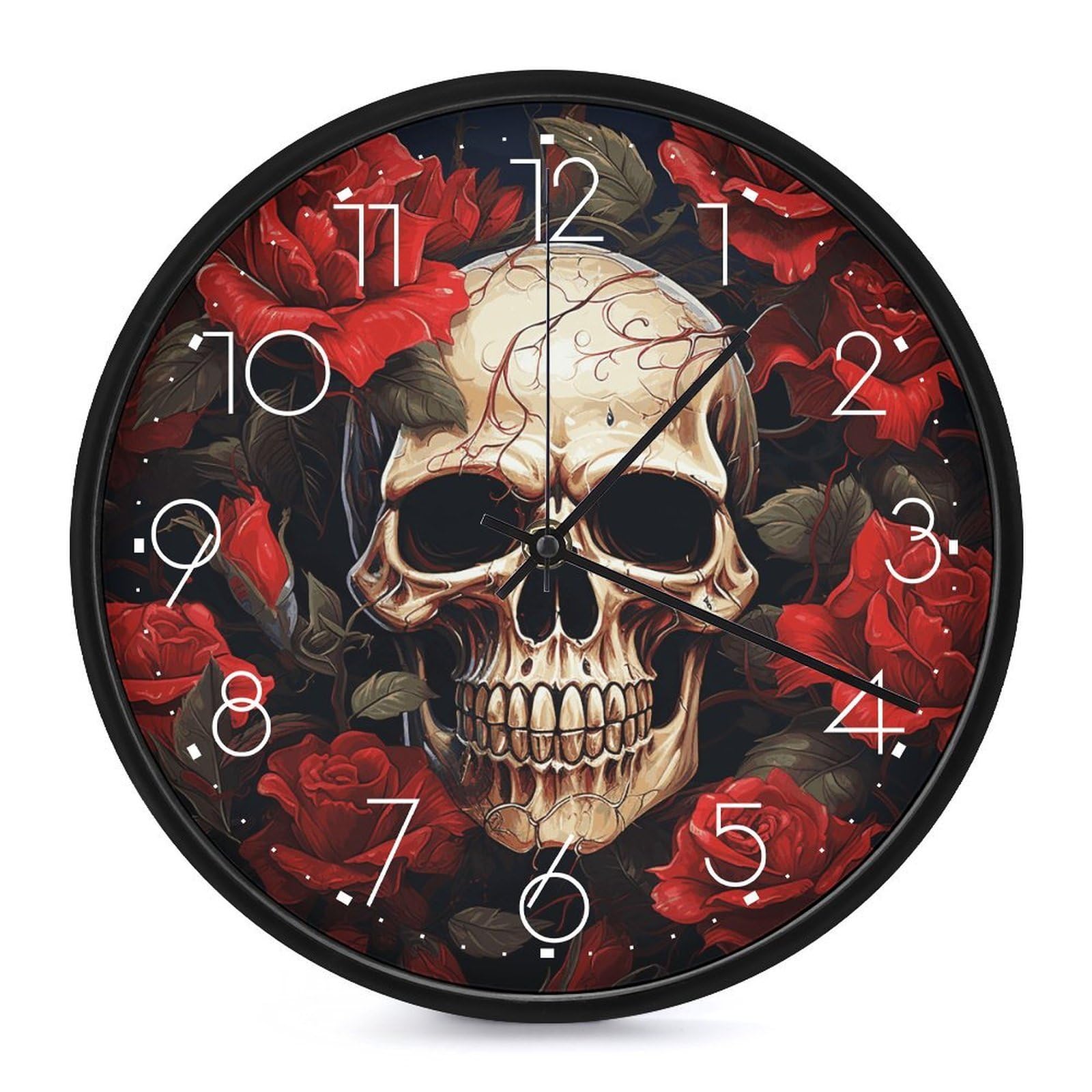 Horloge murale tête de mort rose rouge silencieuse : décoration intérieure ronde à pile