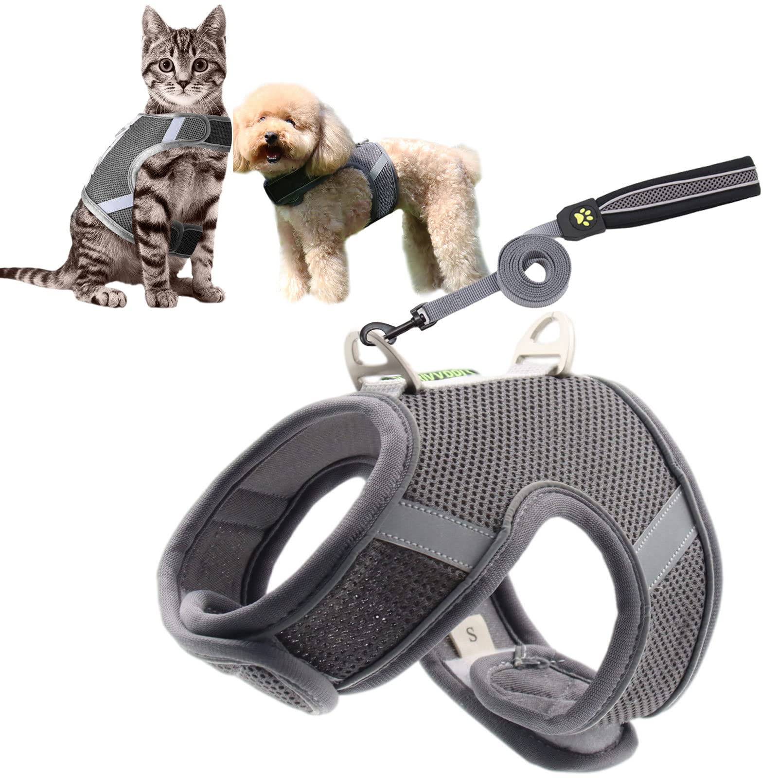 Small Dog Harness and Cat Harness, Step-in Puppy Harness with Dog Leash Set, No Pull Adjustable Reflective Soft Mesh Pet Outdoor Walking Vest Harness, Grey