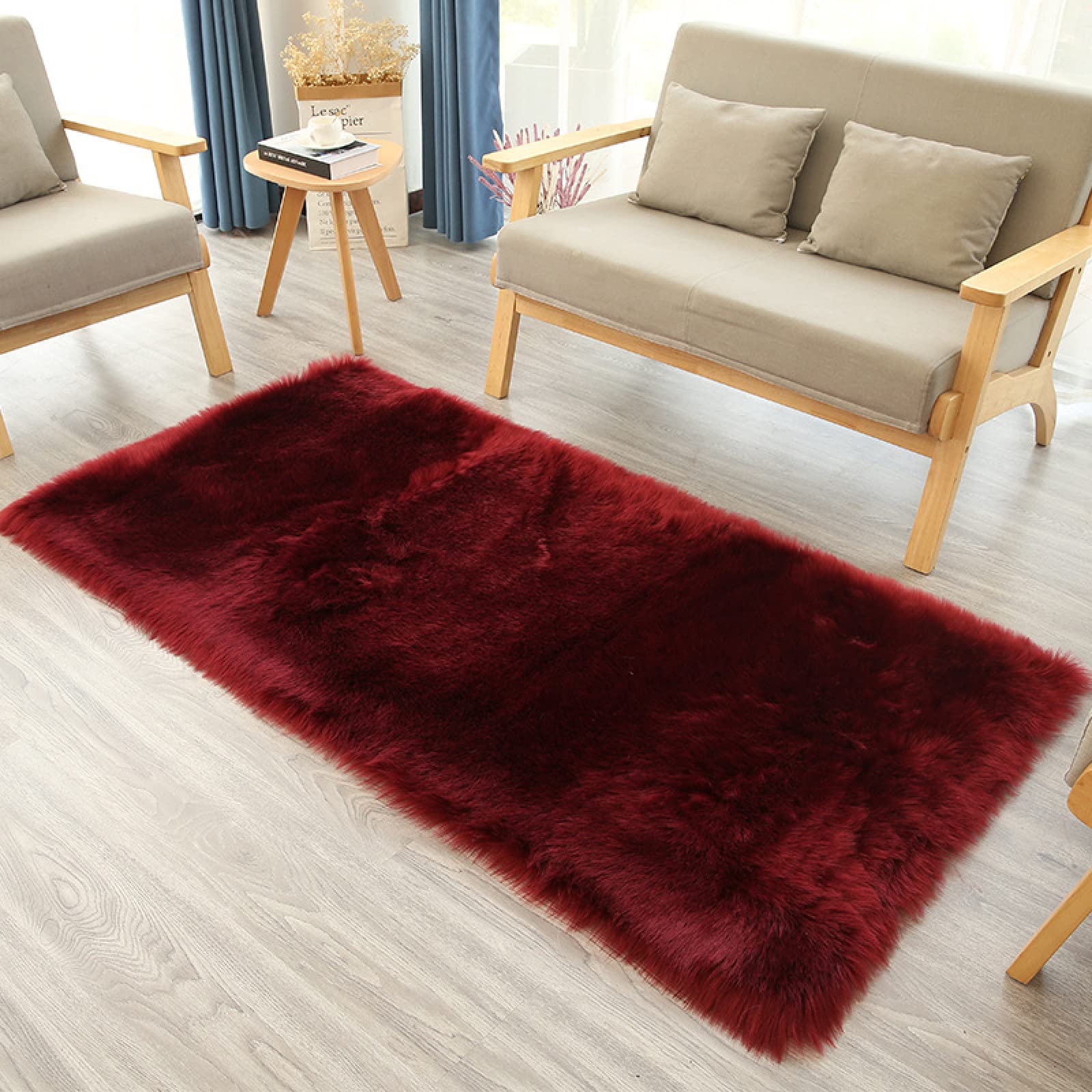 Tapis de Chevet rectangulaire en Fausse Peau de Mouton Claret, Petit Tapis Lavable en Machine, 70x150cm/27.5x59.0in