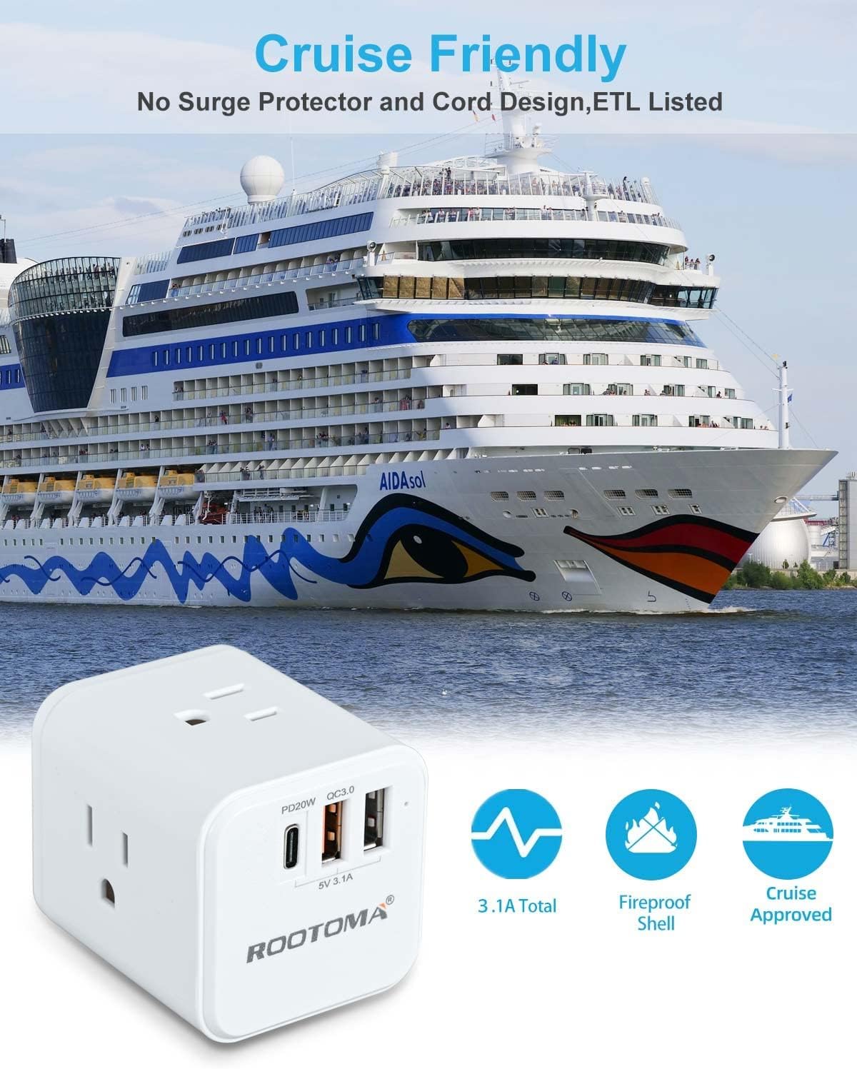 USB C Outlet Extender, Multi Plug Outlet Adapter, with 3 Electrical Outlets 3 USB (QC3.0 Fast Charge & USB C PD), Power Strip Outlet Splitter with Wall Charger, for Cruise Travel Home Kitchen, White : Tools & Home Improvement