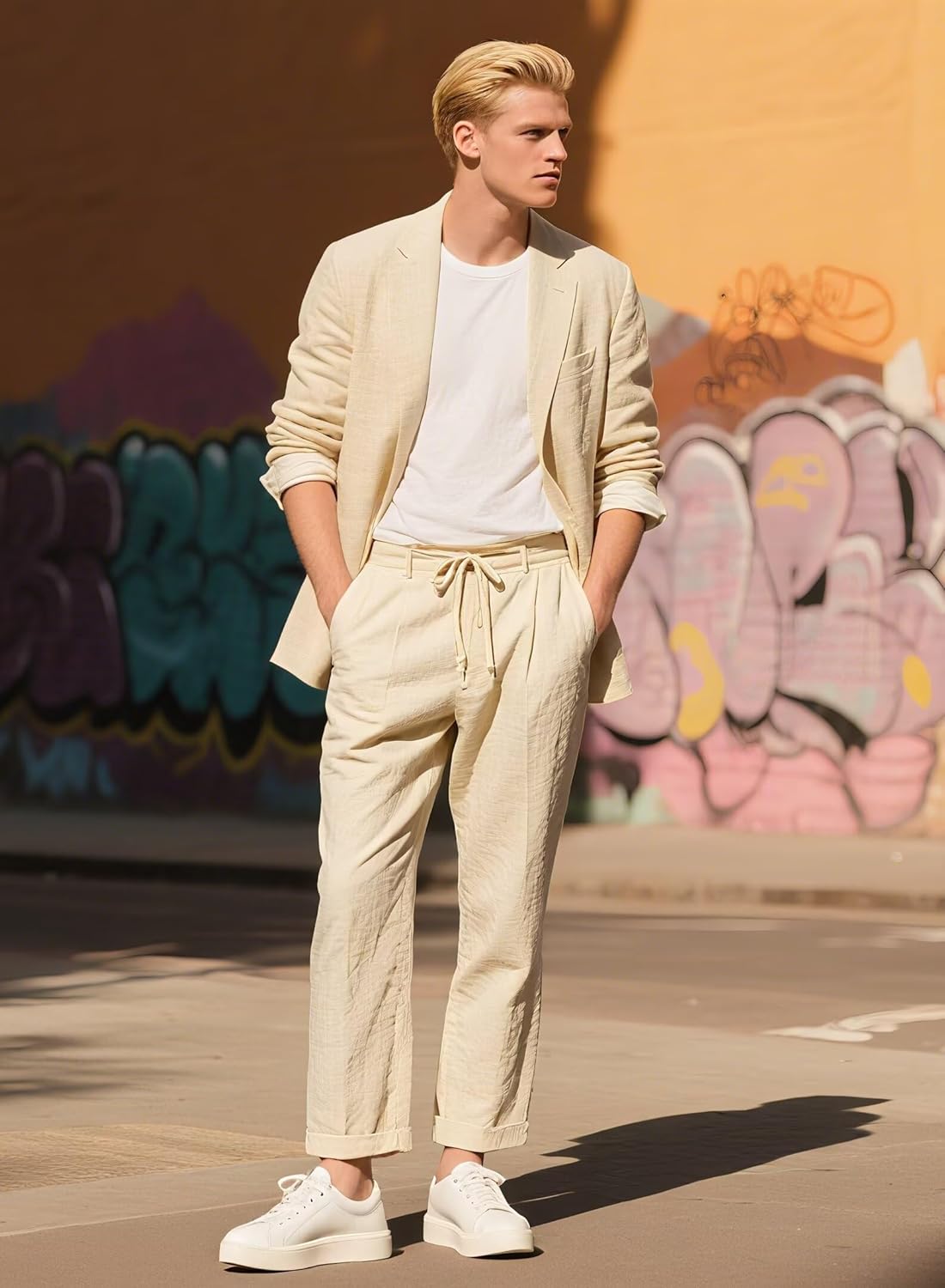 Men's Linen Suits Set 2 Piece Casual Lightweight Blazer Jacket and Pants for Wedding Vacation Business Prom - Image 6