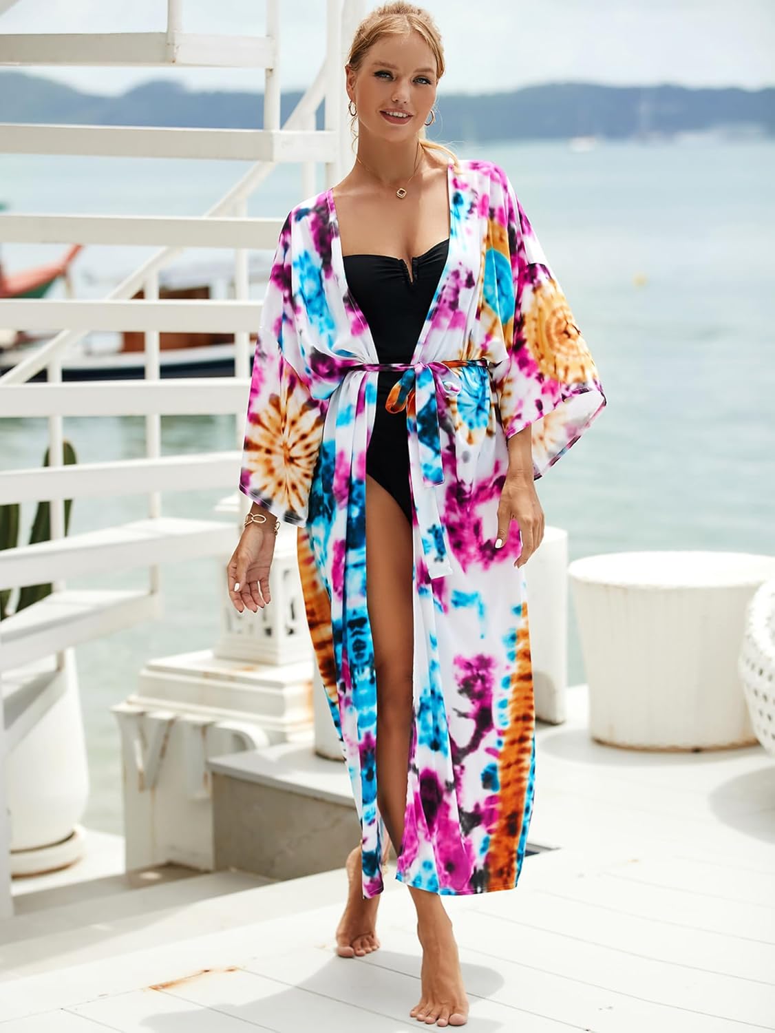 Women Tie Dye Kimono Cardaigan Loose Lightweight Summer Boho Open Front Caftan Sleeve Long Beach Cover Up - Image 6