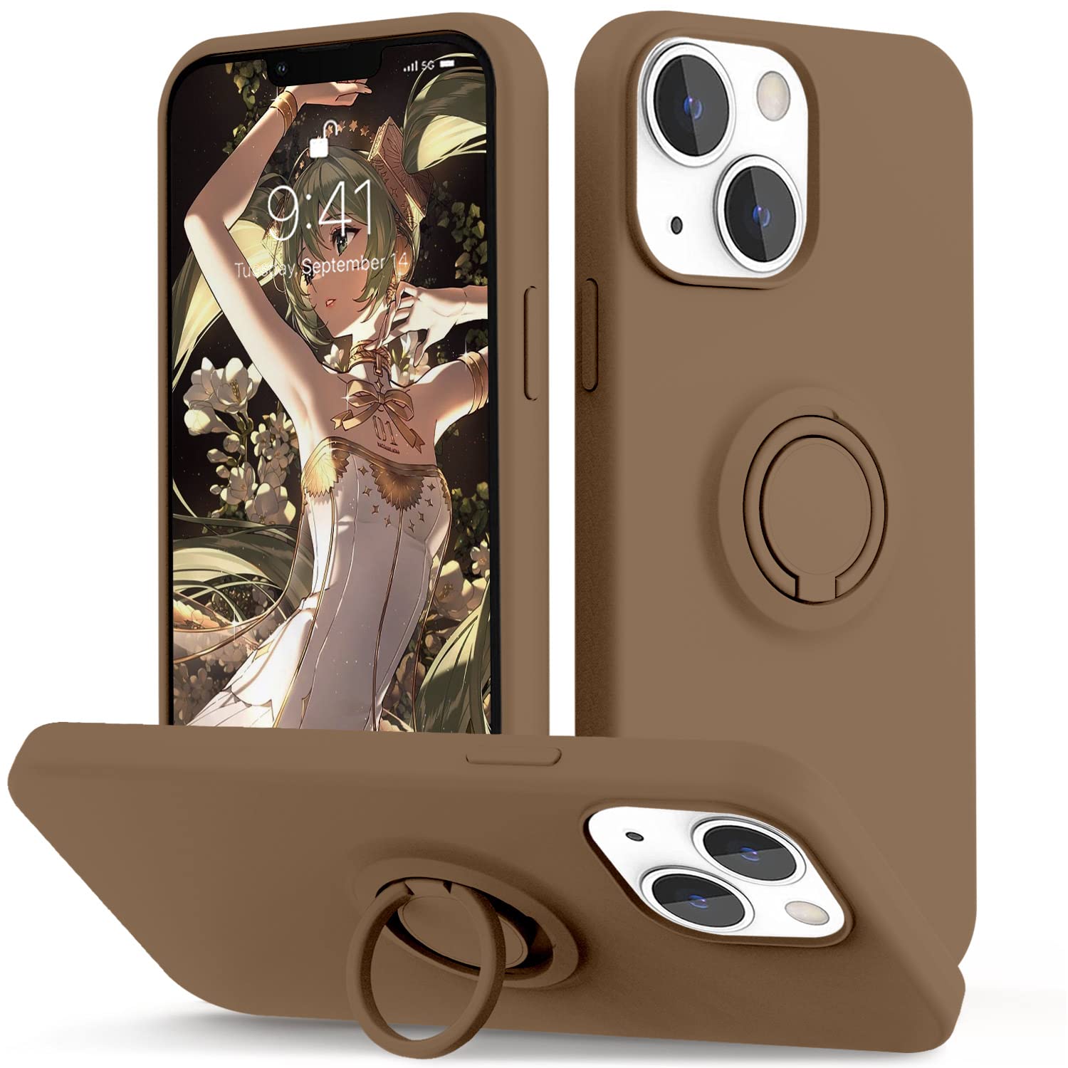 Vooii Compatible with iPhone 13 Case 6.1 inch, Soft Liquid Silicone Full Body Protective Phone Case with Ring Kickstand, Anti-Scratch Microfiber Lining, Camera Protective (Light Brown)
