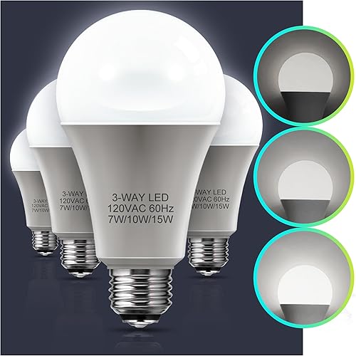 LOHAS - Bombillas LED de 3 vías, paquete de 4, equivalente a 50100150 W, luz blanca diurna 5000 K, base A19 E26 para escritorio, piso, lámparas de