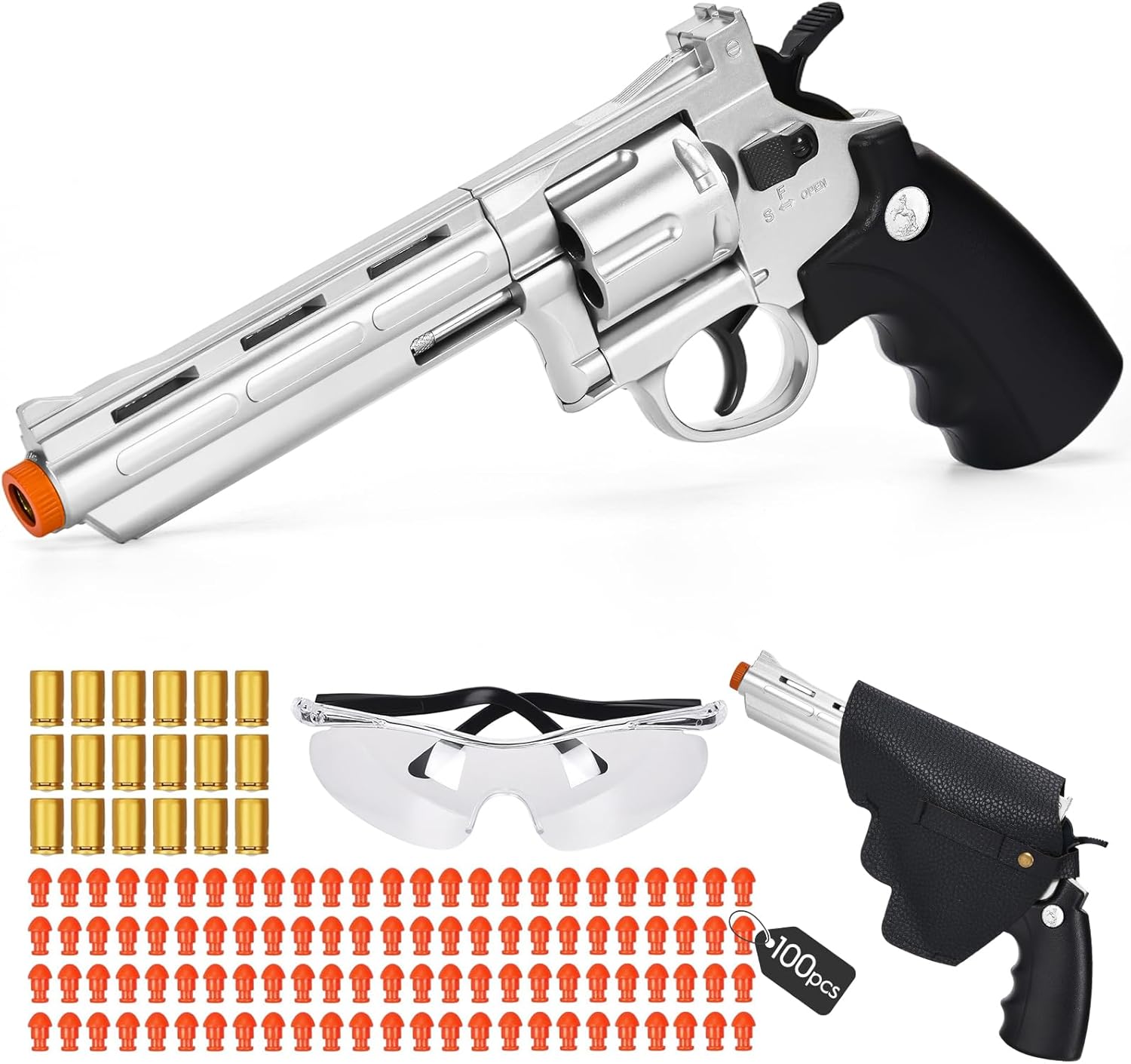 Toy Revolver Gun with 100 Soft Bullets,18 Shells,1 Holster and 1 Goggles,Toy Gun for Shooting Games,Pretend Play, Birthday (Silver)