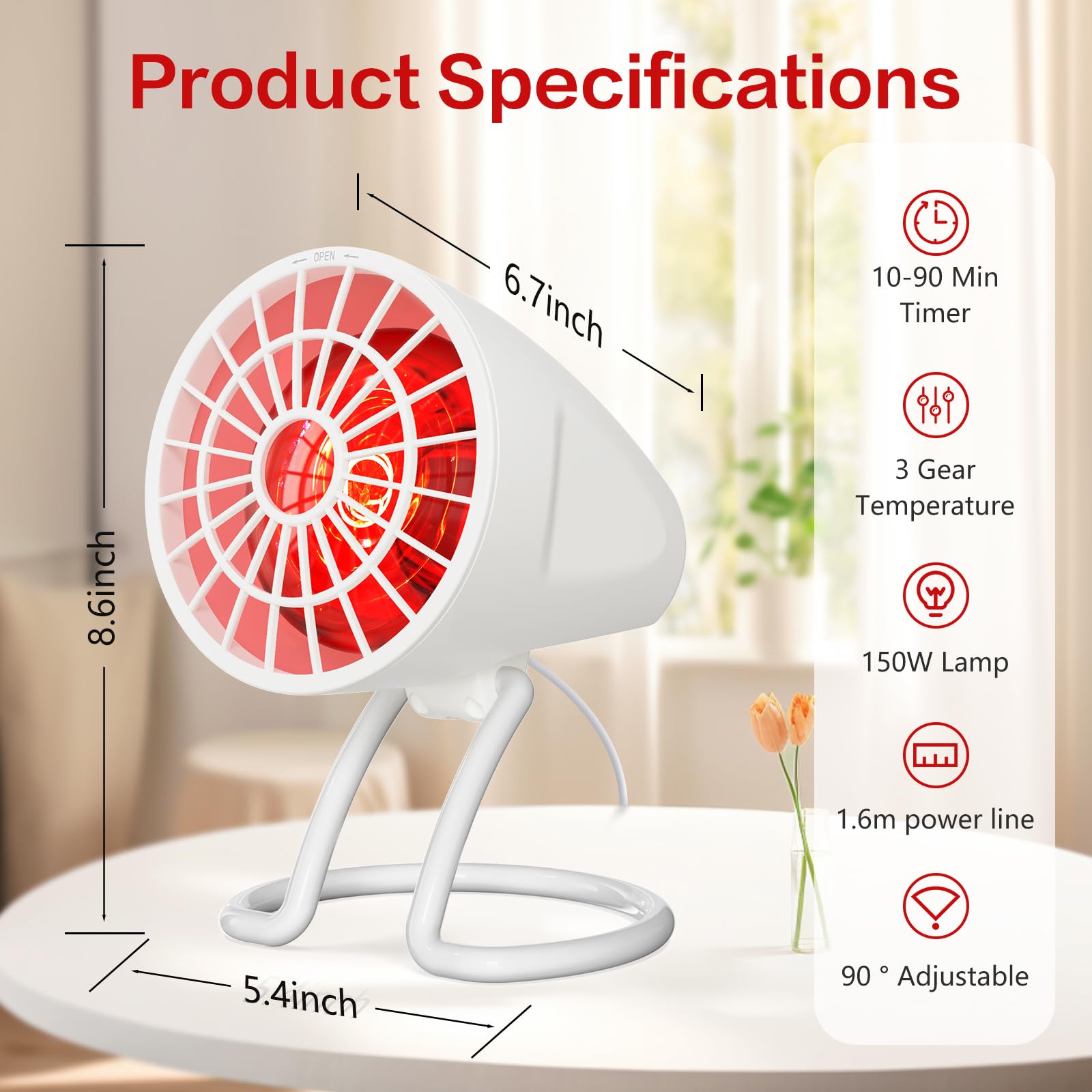 Lampada Termica A Infrarossi Hoakya 150W, Con Luce Rossa 660nm E NIR 850nm, 3 Temperature, Timer E Inclinazione A 90°