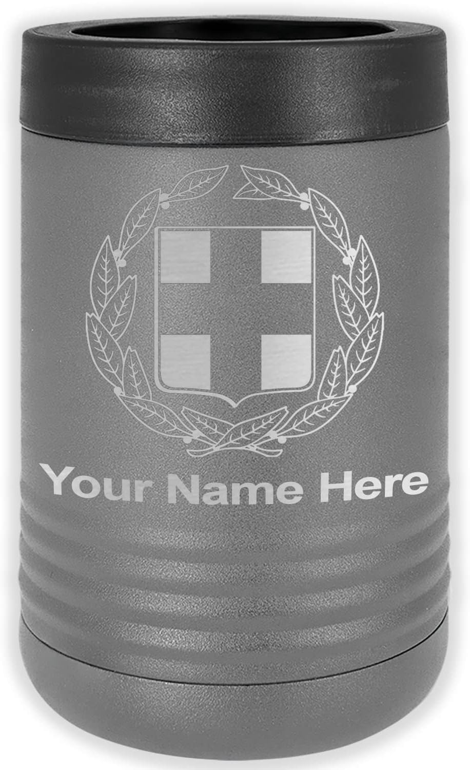 LaserGram Personalized 12 oz. Stainless Steel Can & Bottle Insulator, Coat of Arms Greece – Keeps Drinks Cold Longer (Dark Blue)