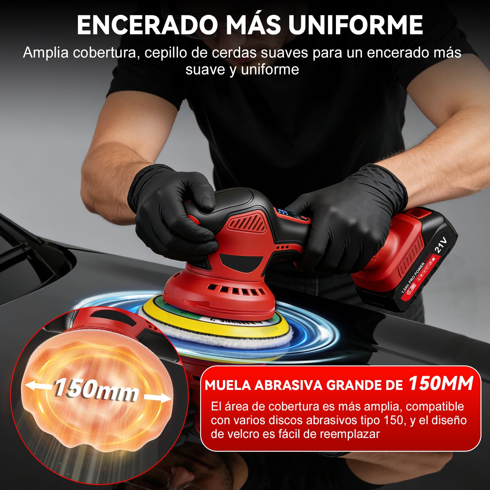 Pulidora de Autos Inalámbrica, 21V Pulidora de Coche con Batería Profesional de 6 Pulgadas 150 mm, Pulidora Orbital Excéntrica con 8 Velocidades 2600-5800 rpm, para Encerado, Mantenimiento, Pulido
