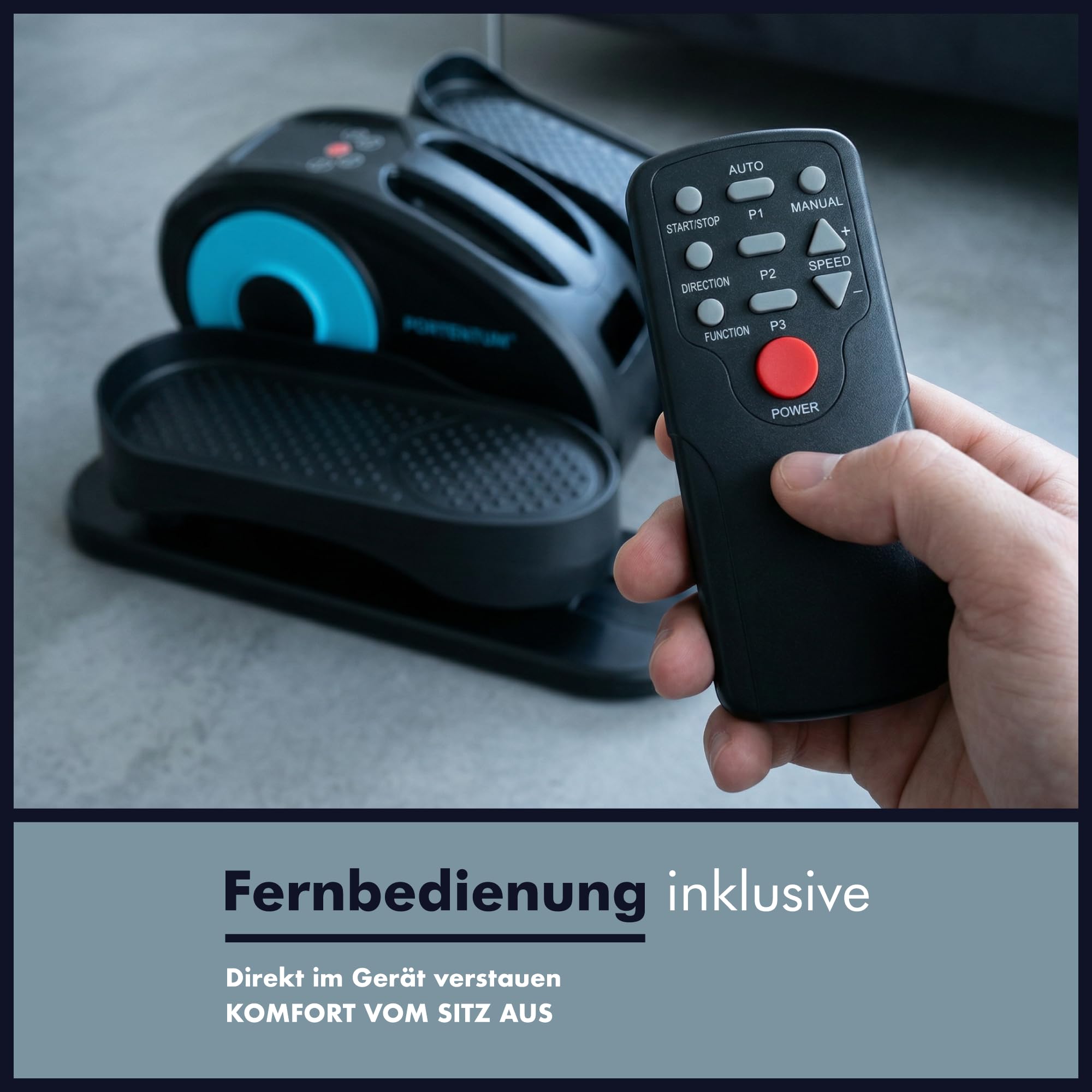 PORTENTUM Mini Ellipsentrainer für Zuhause mit Matte und Schlaufen – Neues Format 2026 kompakter – Pedaltrainer für Senioren automatisch und manuell 12 Geschwindigkeiten – Kompakt für Büro