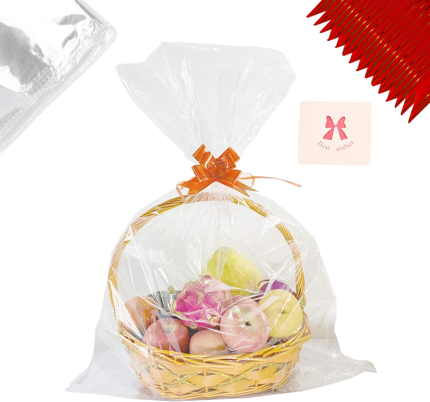 NUIBY 12 Pack 24"x30" Clear Basket Bags Package Bags Large Clear Cellophane Wrap for Baskets and Gifts, with Ribbon Bows and Greeting Cards (1.6 Mil) (24W x 30L) : Health & Household