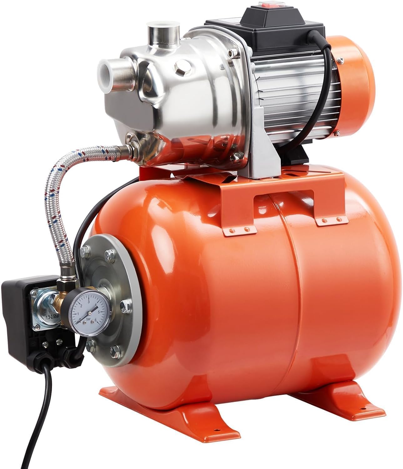 1 HP Shallow Well Jet Pump with 5-Gallon Pressure Tank – Stainless Steel, 130ft Lift, 20ft Suction, Automatic Pressure Switch (19/38 PSI) for Home, Farm, Garden Irrigation & Water Transfer