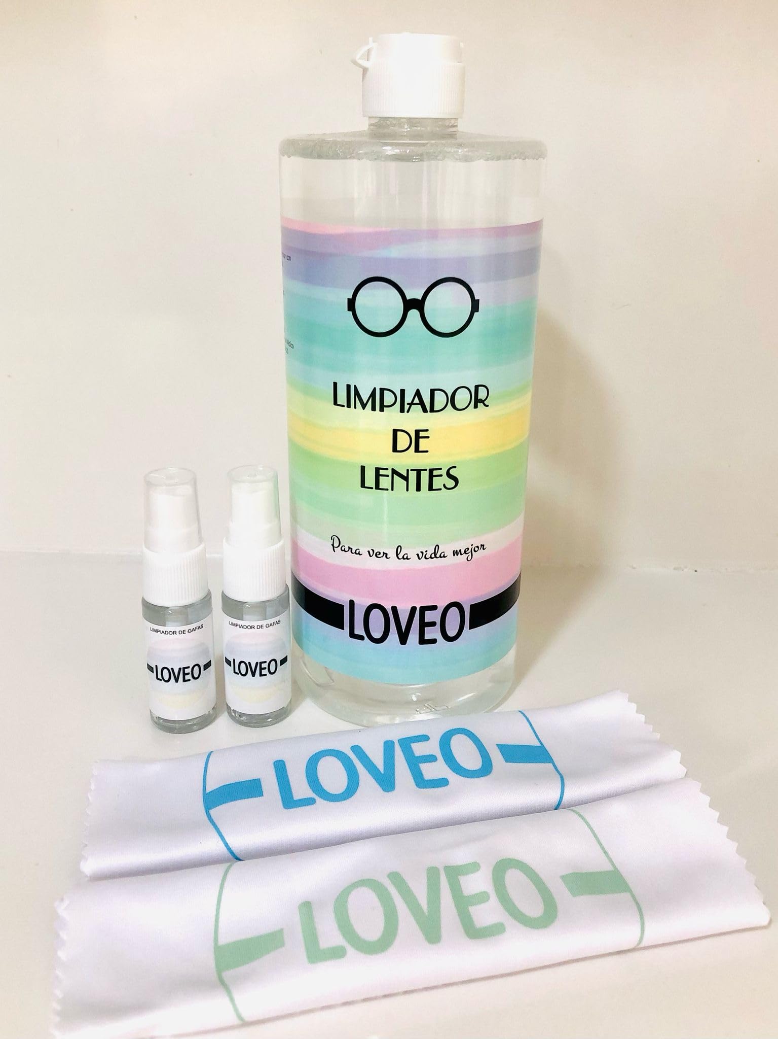 Limpiador de gafas, Pack con 1L para rellenar los 2 pulverizadores de 17mL, 2 Gamuzas de Máxima Calidad, Diseño Arcoíris