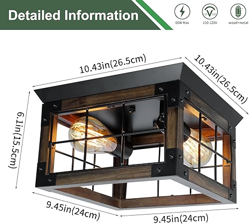 Miniatura 7 de JHLBYL Lámpara de techo de madera de granja, metal negro rústico cerca del techo con 4 enchufes E26 Blub, luces de porche al aire libre para cocina,