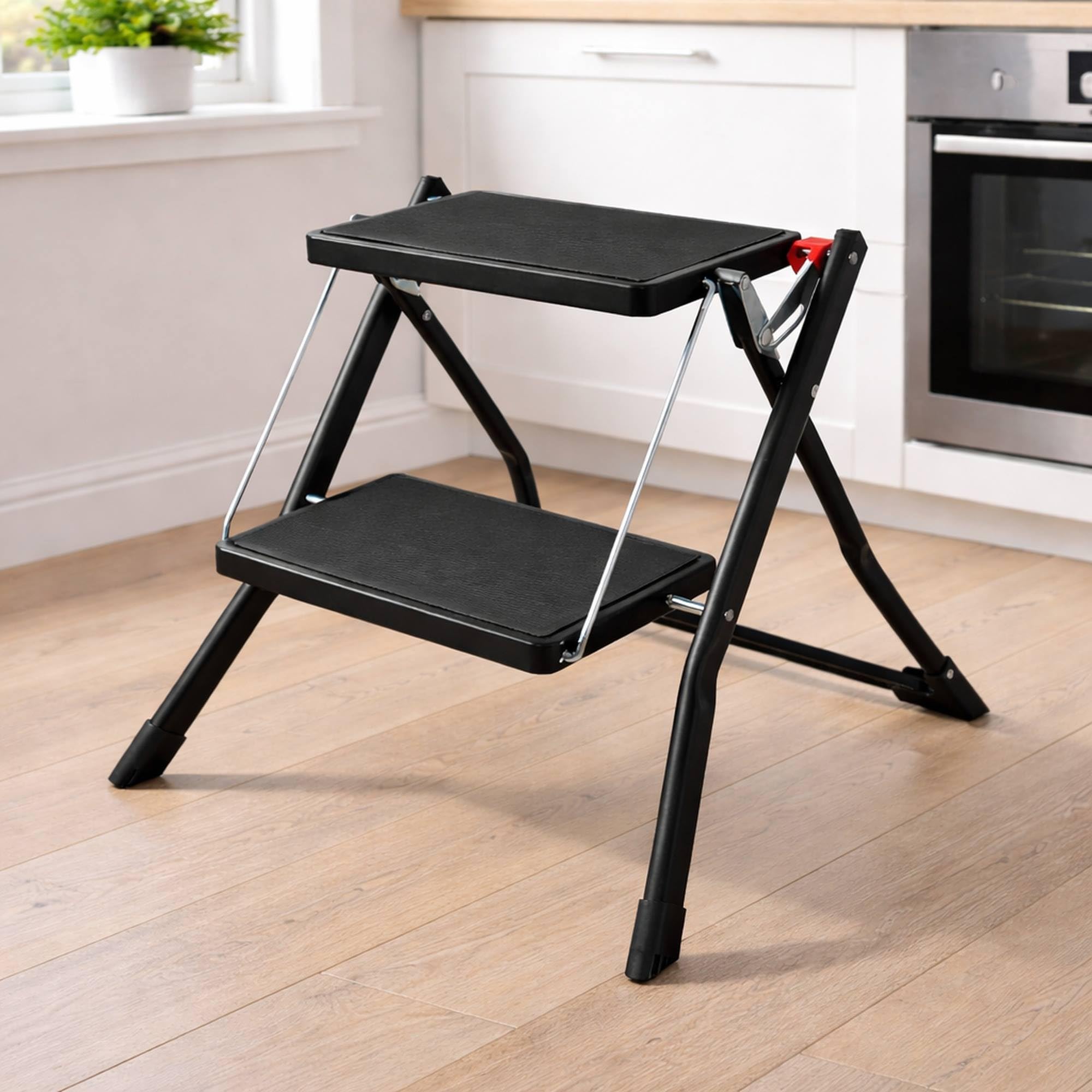 Well Home Escalera Plegable de 2 Peldaños en Acero de Color Negro, Antideslizante y Ligera