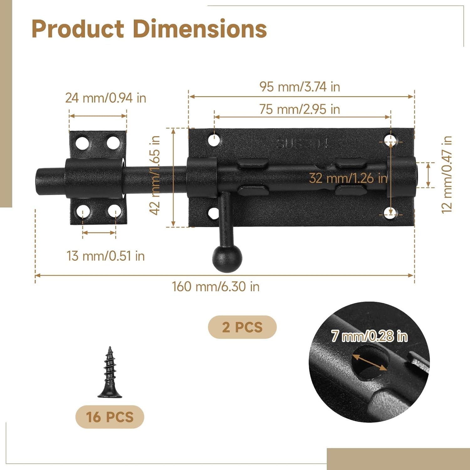 2 Pcs 6.3 Slide Bolt Latches With 0.28 Padlock Hole, 304 Stainless Steel Latch Locks, Heavy Duty Door Bolt For Cabinets, Fences, Doors