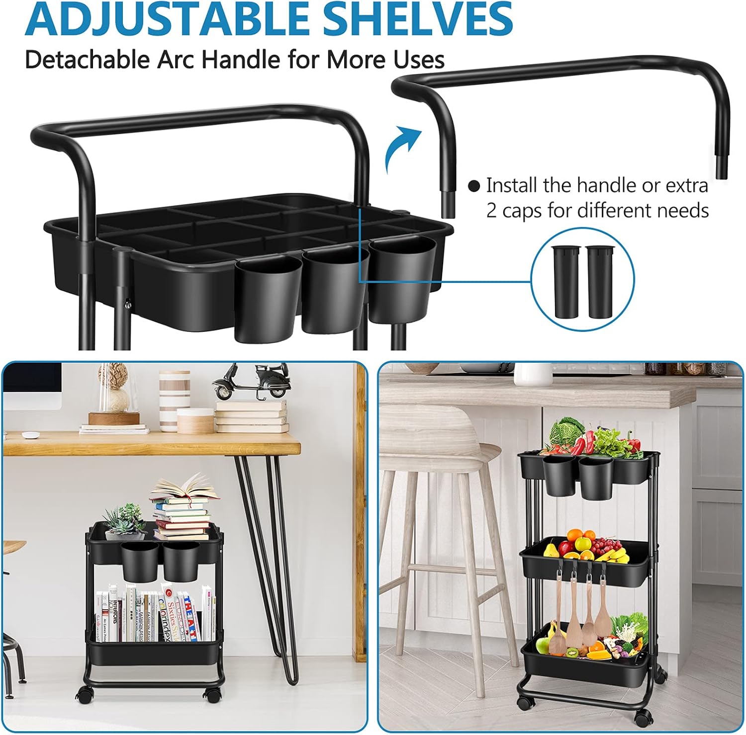 3 Tier Utility Cart on Wheels - Rolling Storage Cart Organizer with 3 Shelves and Dividers - Trolley for Laundry, Kids Room (Black)