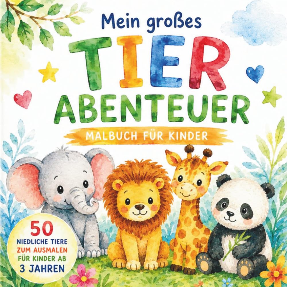 Mein großes Tierabenteuer: 50 niedliche Tiere zum Ausmalen für Kinder ab 3 Jahren