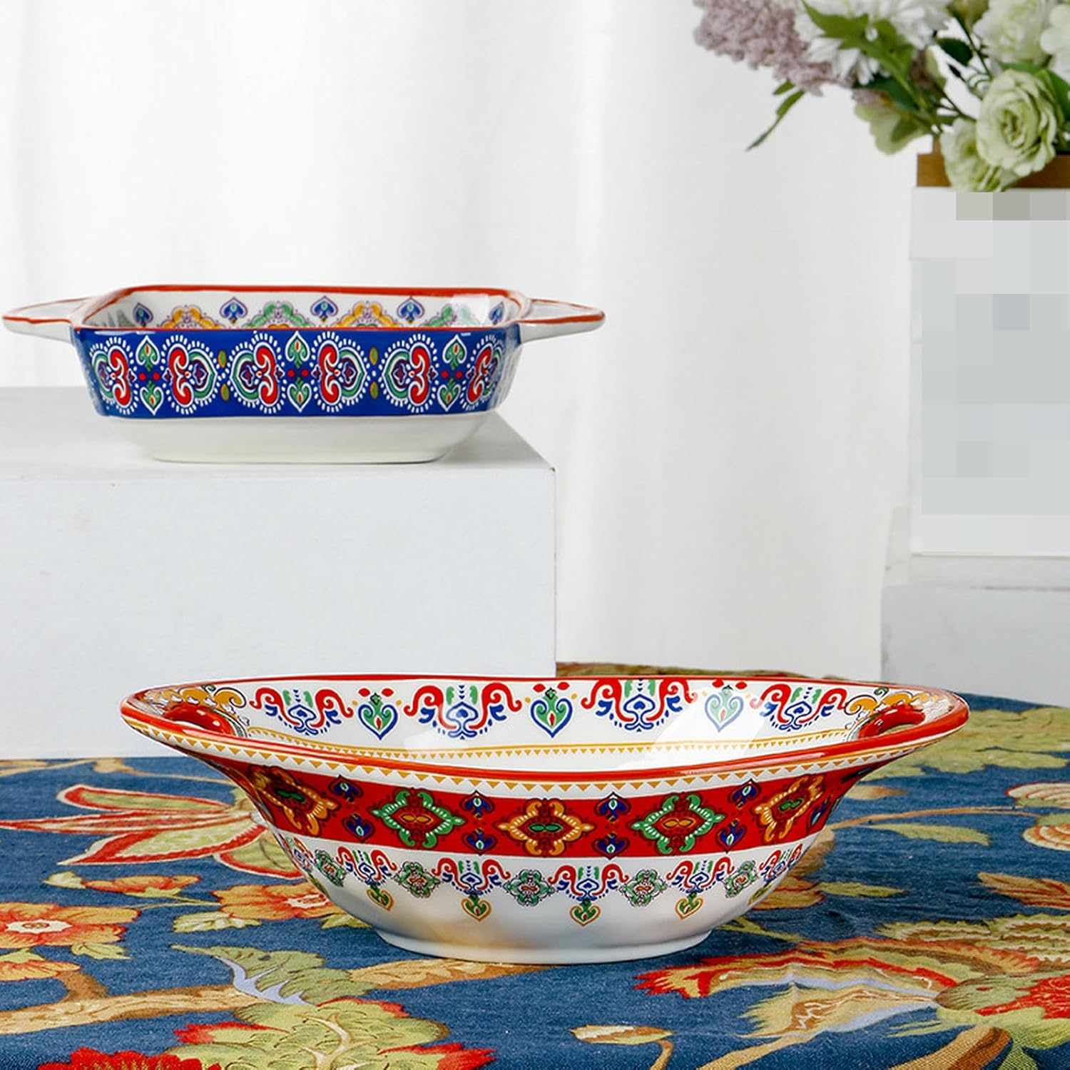 Vintage Rice Bowls ，Ceramic Tableware Rice BowlAmerican-style household retro underglaze color delicate hammered ceramic round rice bowl(Two-handled deep dish)