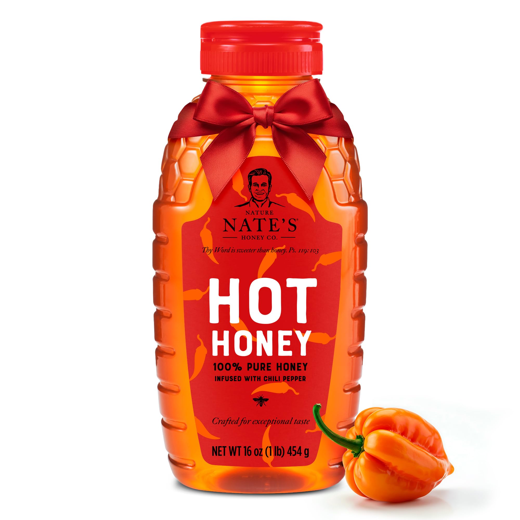 Nate's Hot Honey - 100% Pure Honey Infused with Habanero Chili Pepper Flakes, Award-winning Taste - Holiday Stocking Stuffer - 16 oz Squeeze Bottle