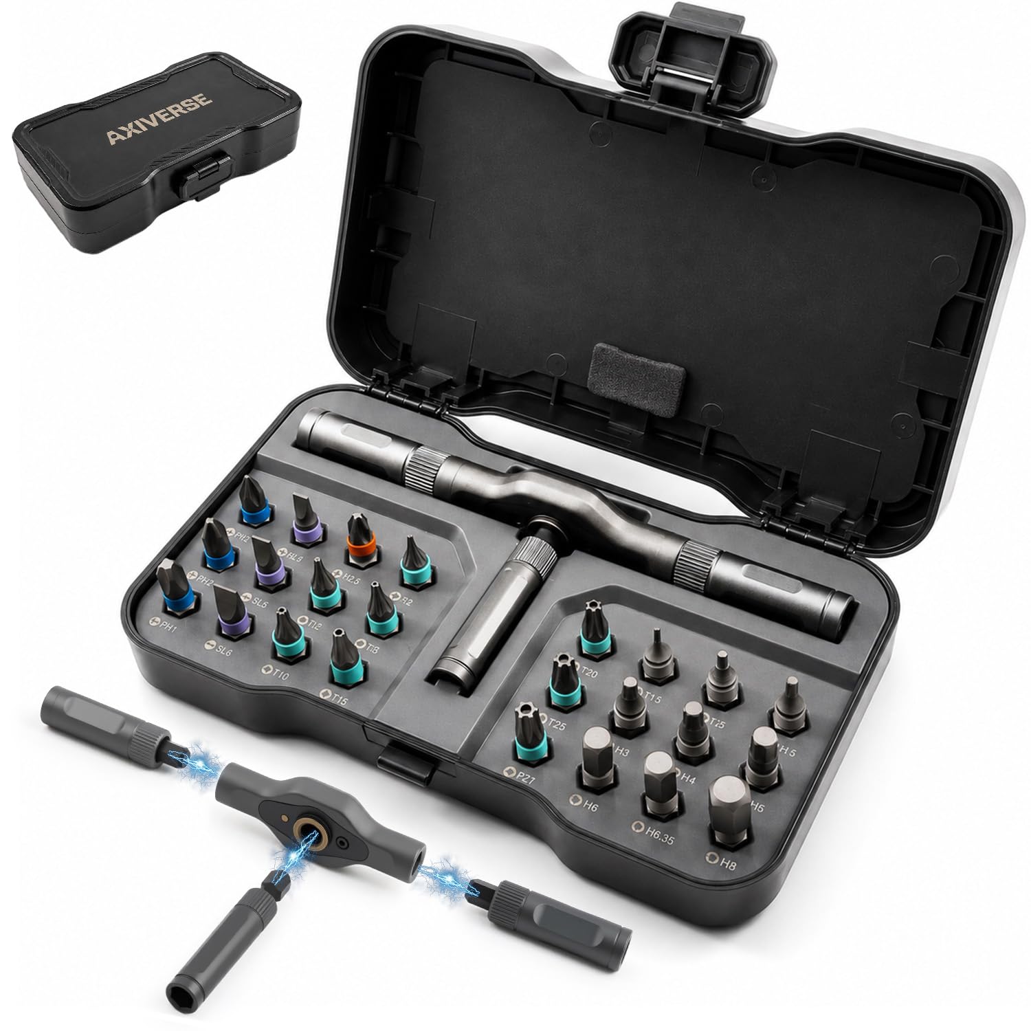 AXIVERSE Magnetic Ratcheting Screwdriver Set, 24 in 1 Ratchet Screwdriver Sets, S2 Steel Bits Screw Driver DIY, Suitable for Furniture Assembly, Precision Electrical Appliance Repair, Bicycle Tools