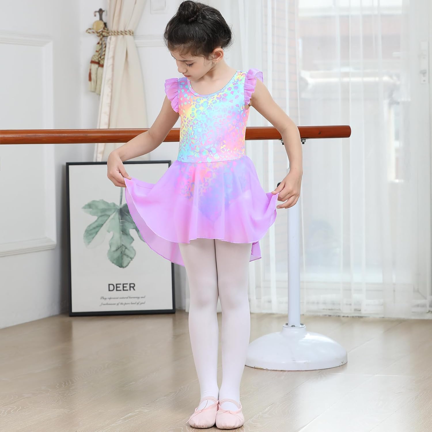 LUOUSE Elegant Girls Ballet Leotard with Skirt - Flutter & Ruffle Sleeves, Perfect for Dance & Gymnastics