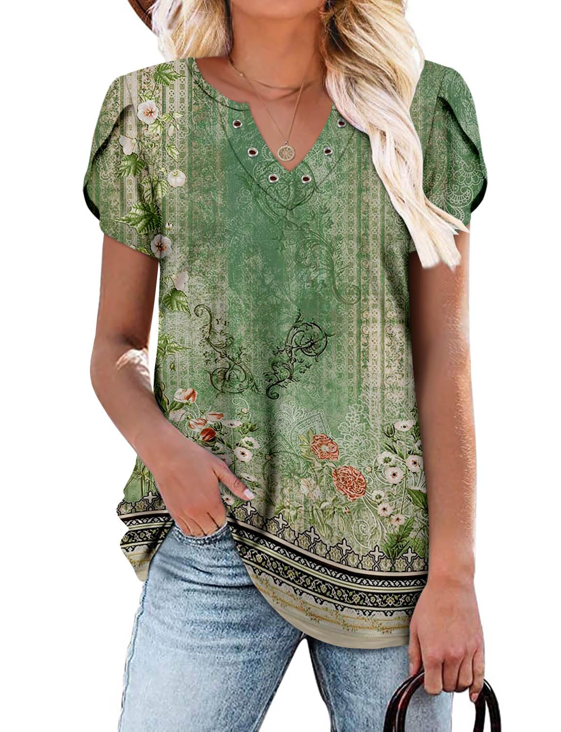 onlypuff Womens V Neck Tunic Tops Short Sleeve Pleated T-Shirt Summer Flowy Ruffle Blouse Shirts S-3XL