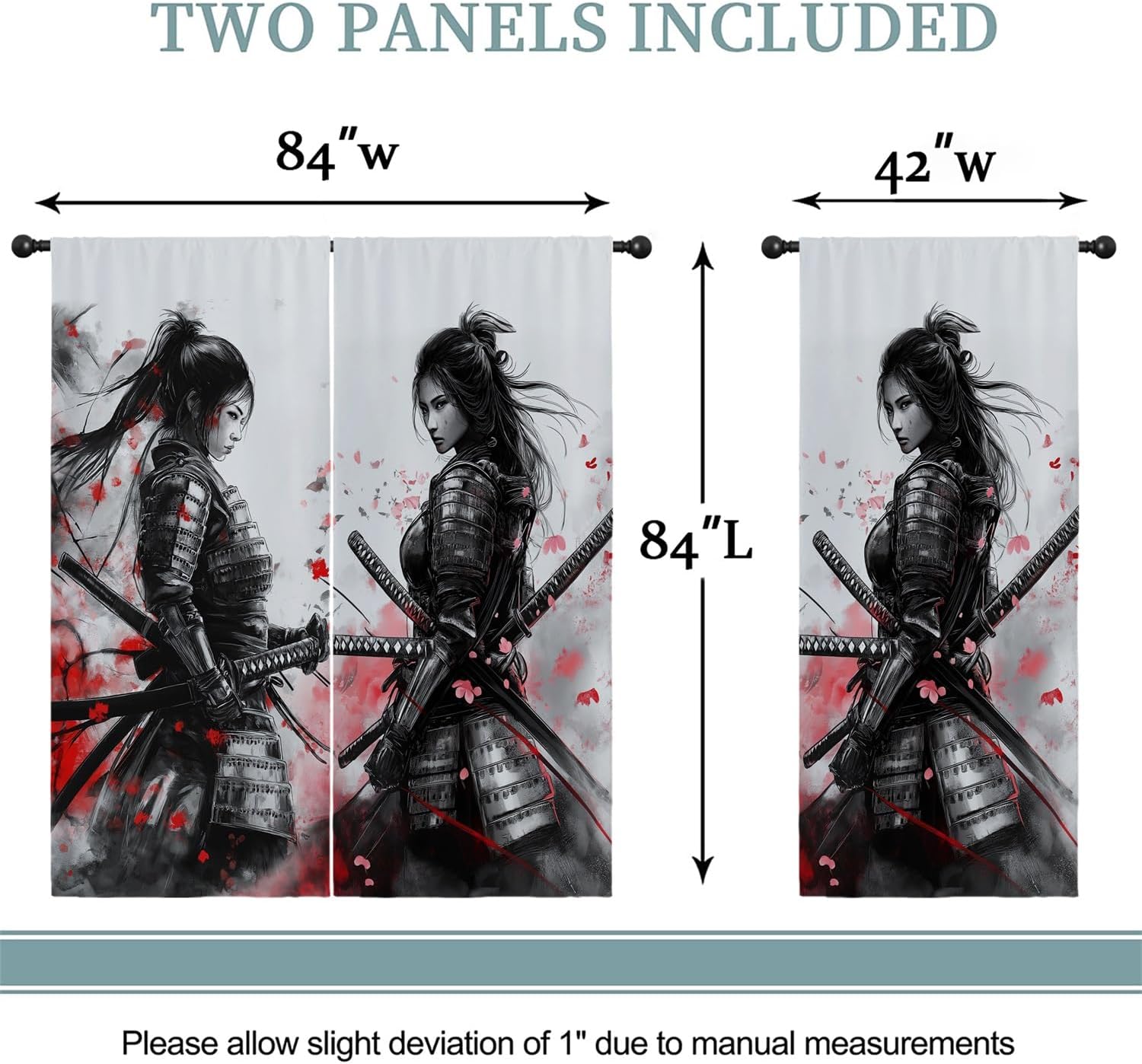 Japanese Armor Female Samurai Boy Girls Blackout Curtains,Asian Modern Anime Cherry Blossom, 2 Panel Rod Pocket Thermal Insulated Drapes for Bedroom, Living, Kids Teen Room Deco 84x84 inch