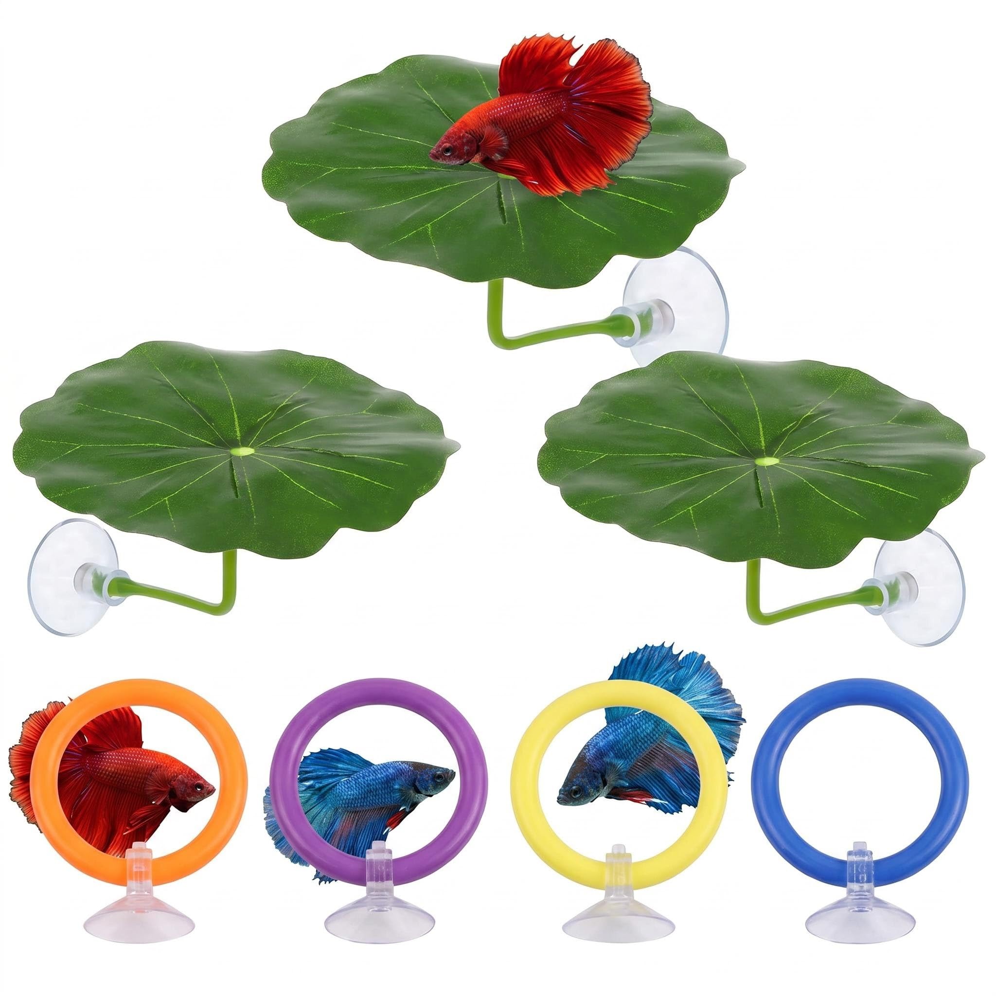 7 Pcs Betta Fish Accessories & Aquarium Decorations, Small Leaf Hammock with Suction Cups & Colorful Betta Rings, Fish Tank Decor for Betta Enrichment