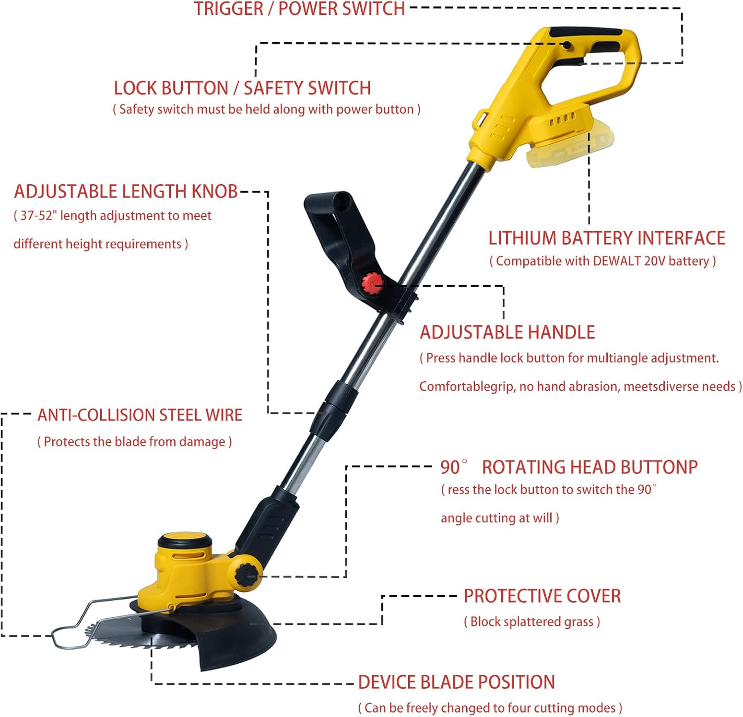 Cordless Weed Wacker for Dewalt 20V Battery, 4-in-1 Battery-Powered Mower, Lightweight Cordless Weeder for Lawn, Yard and Brush Mowing (Battery Free, Yellow)